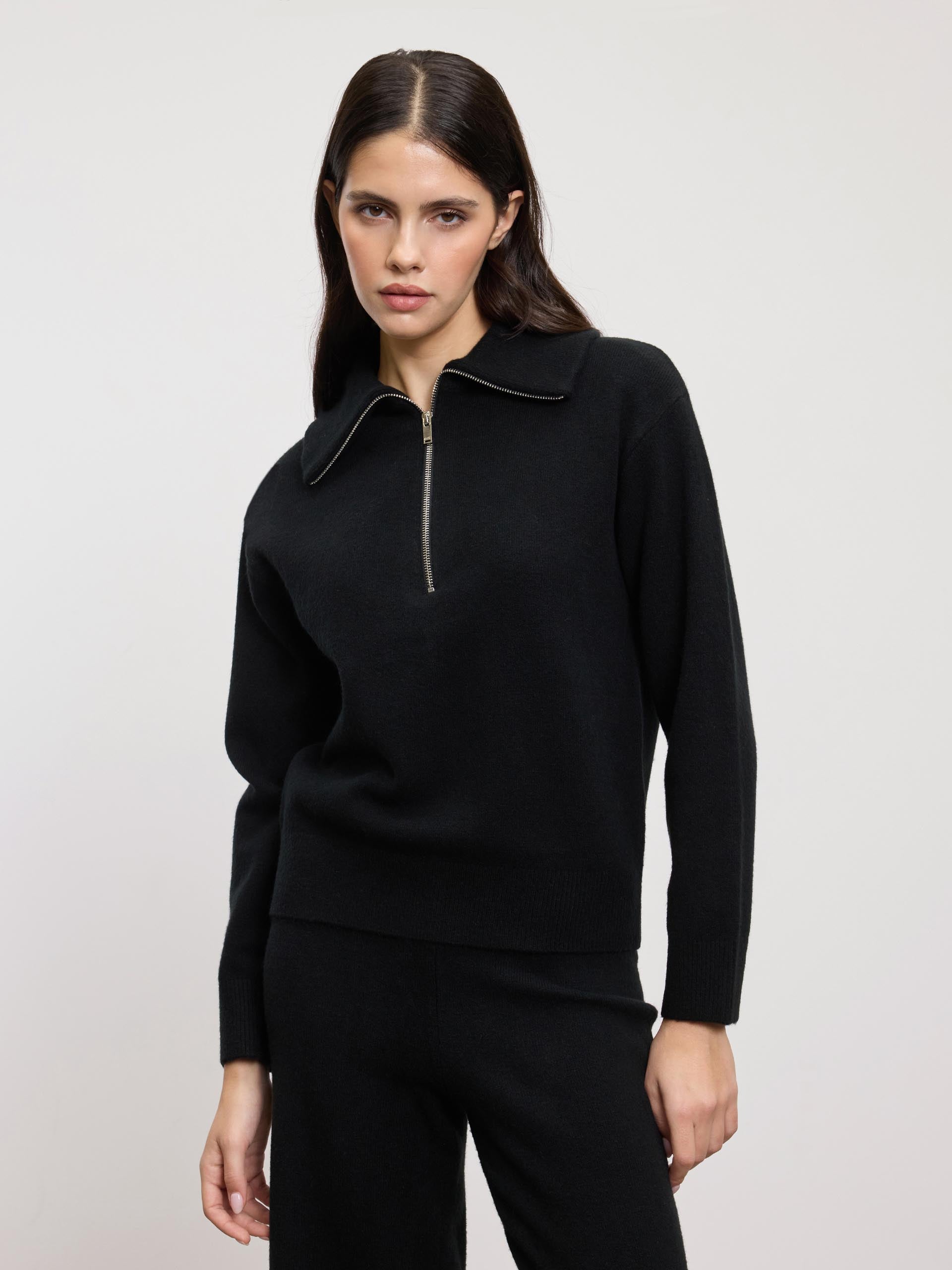 Womens Chunky Wool Half Zip in Black
