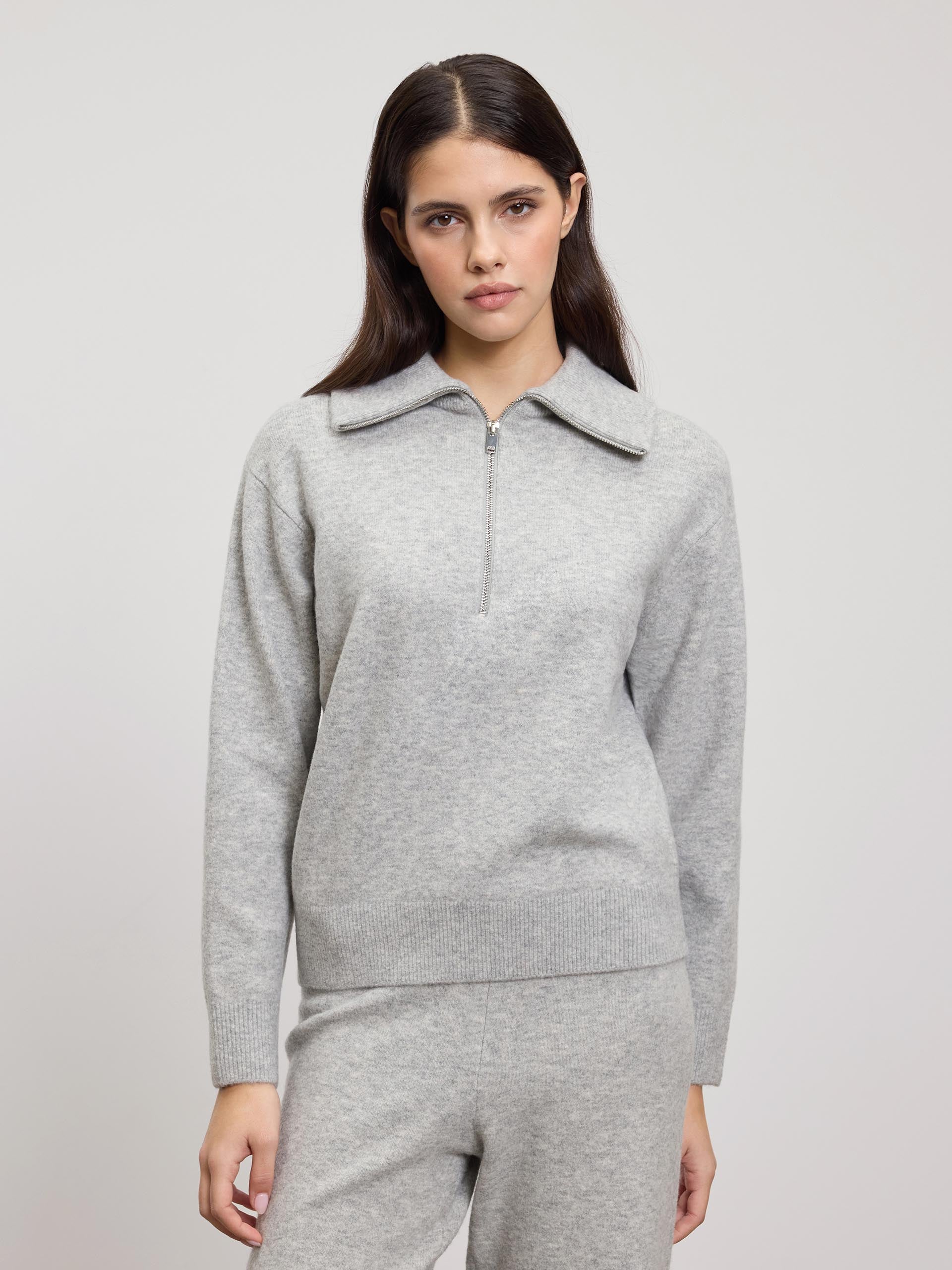 Womens Chunky Wool Half Zip in Grey Marl