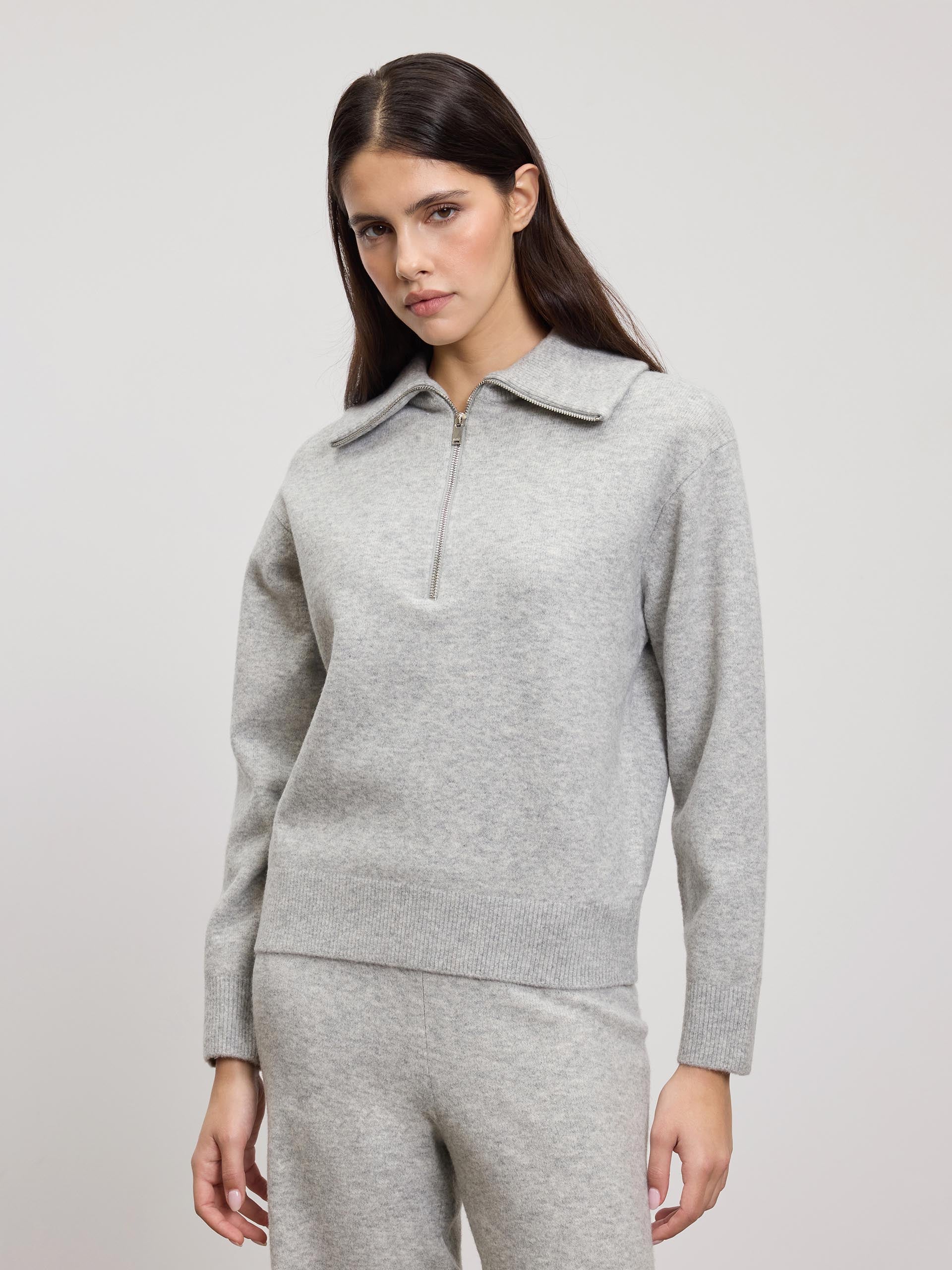 Womens Chunky Wool Half Zip in Grey Marl
