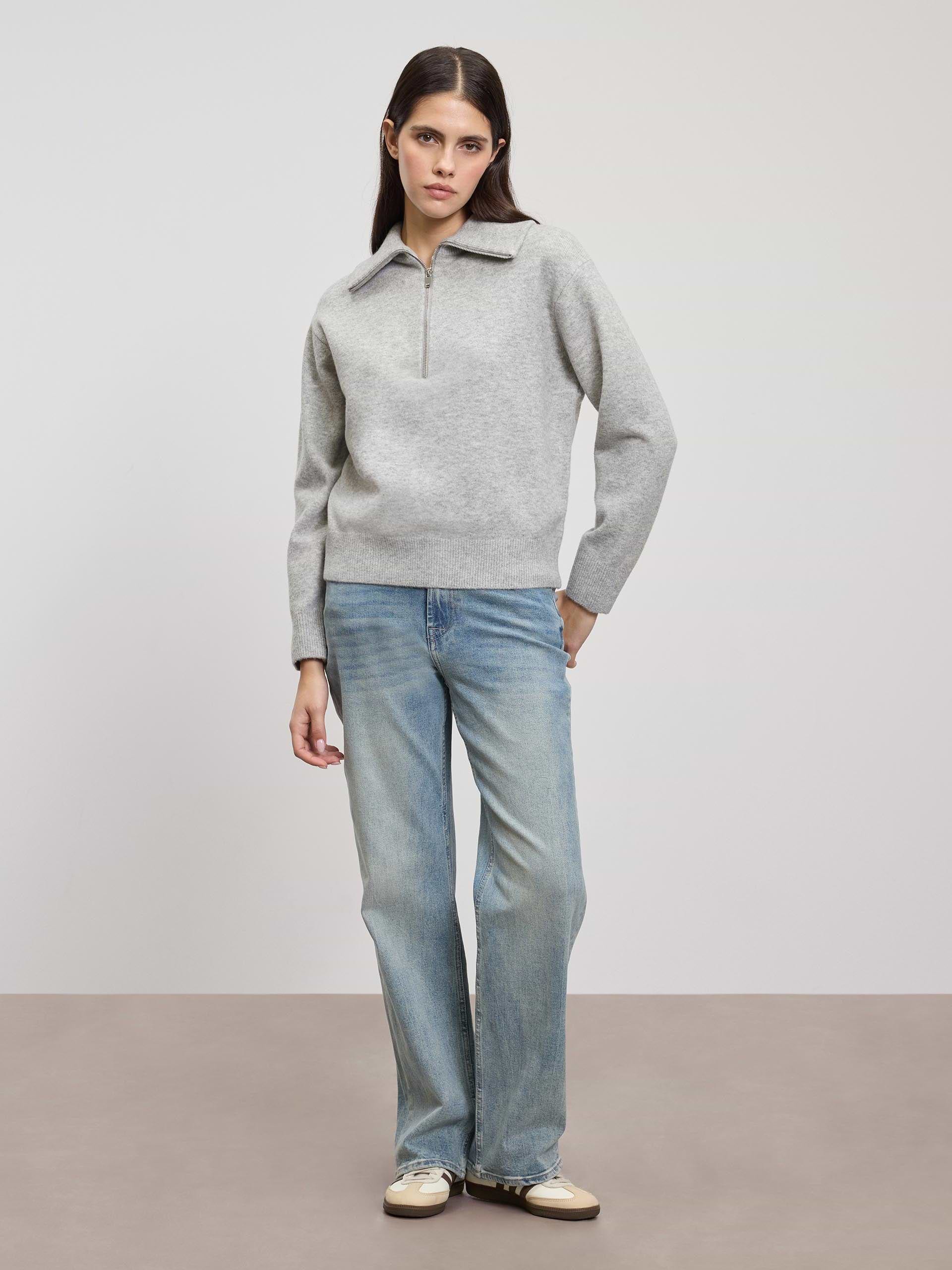 Womens Chunky Wool Half Zip in Grey Marl