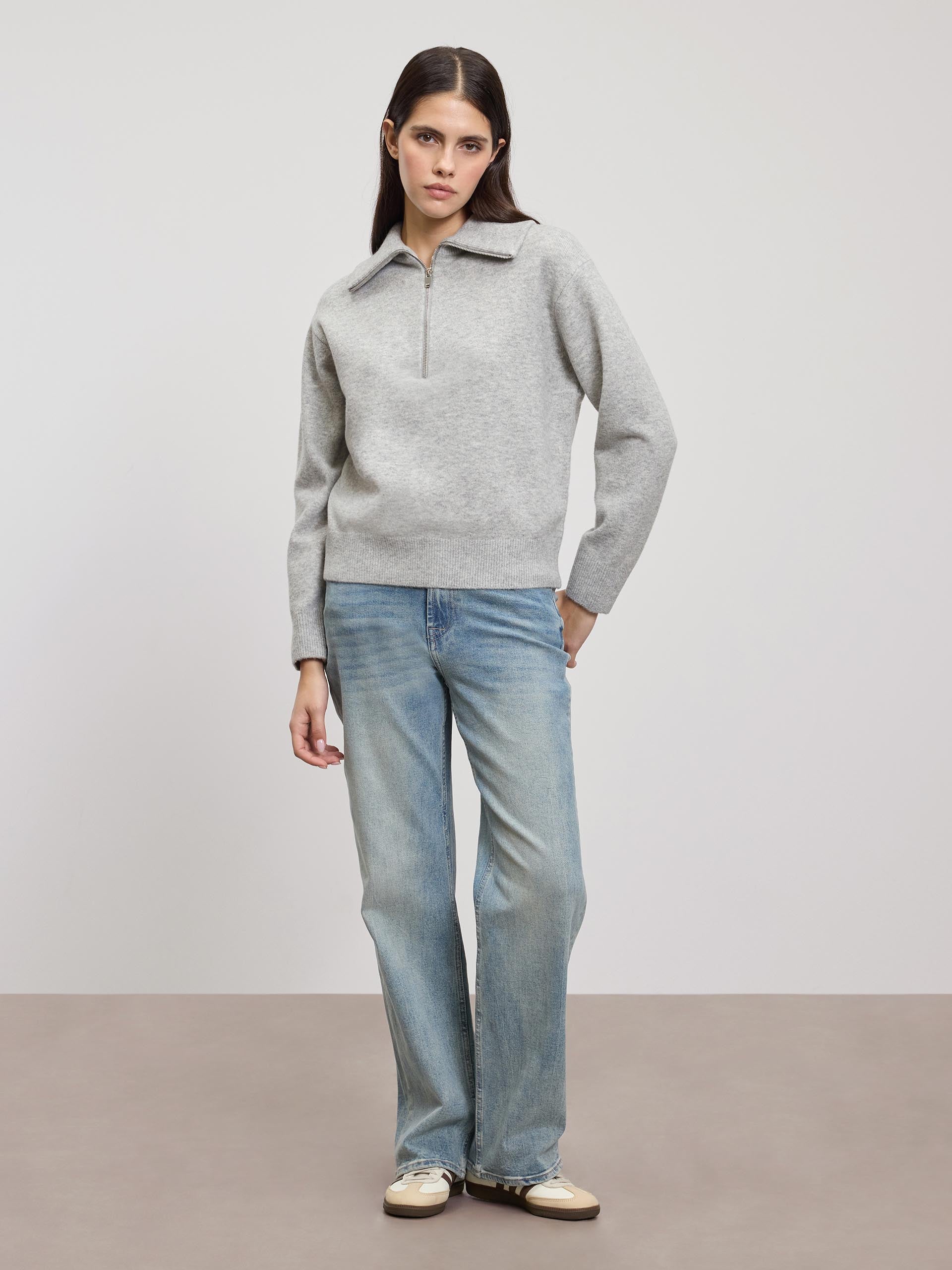 Womens Chunky Wool Half Zip in Grey Marl