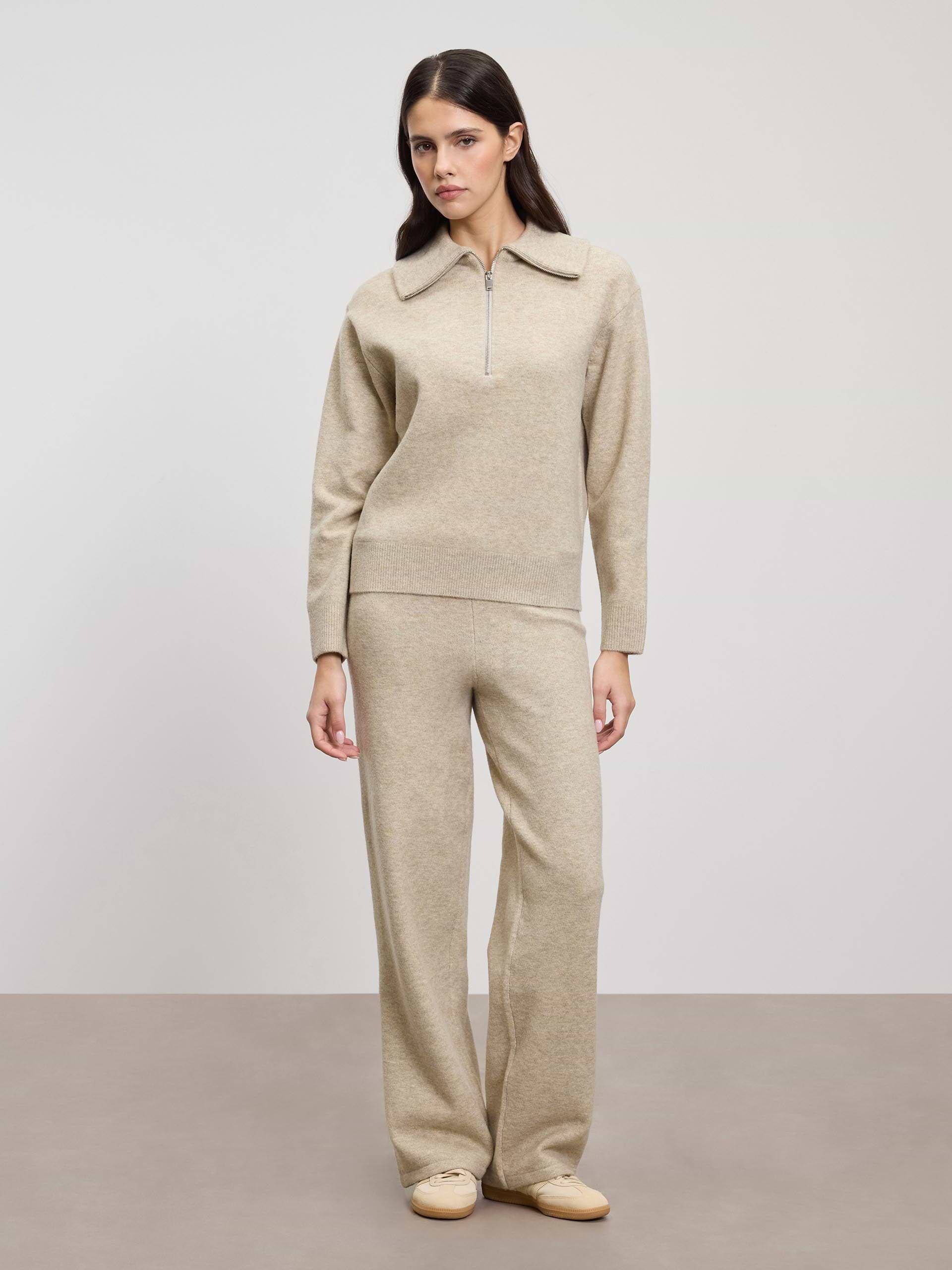 Womens Chunky Wool Half Zip in Stone