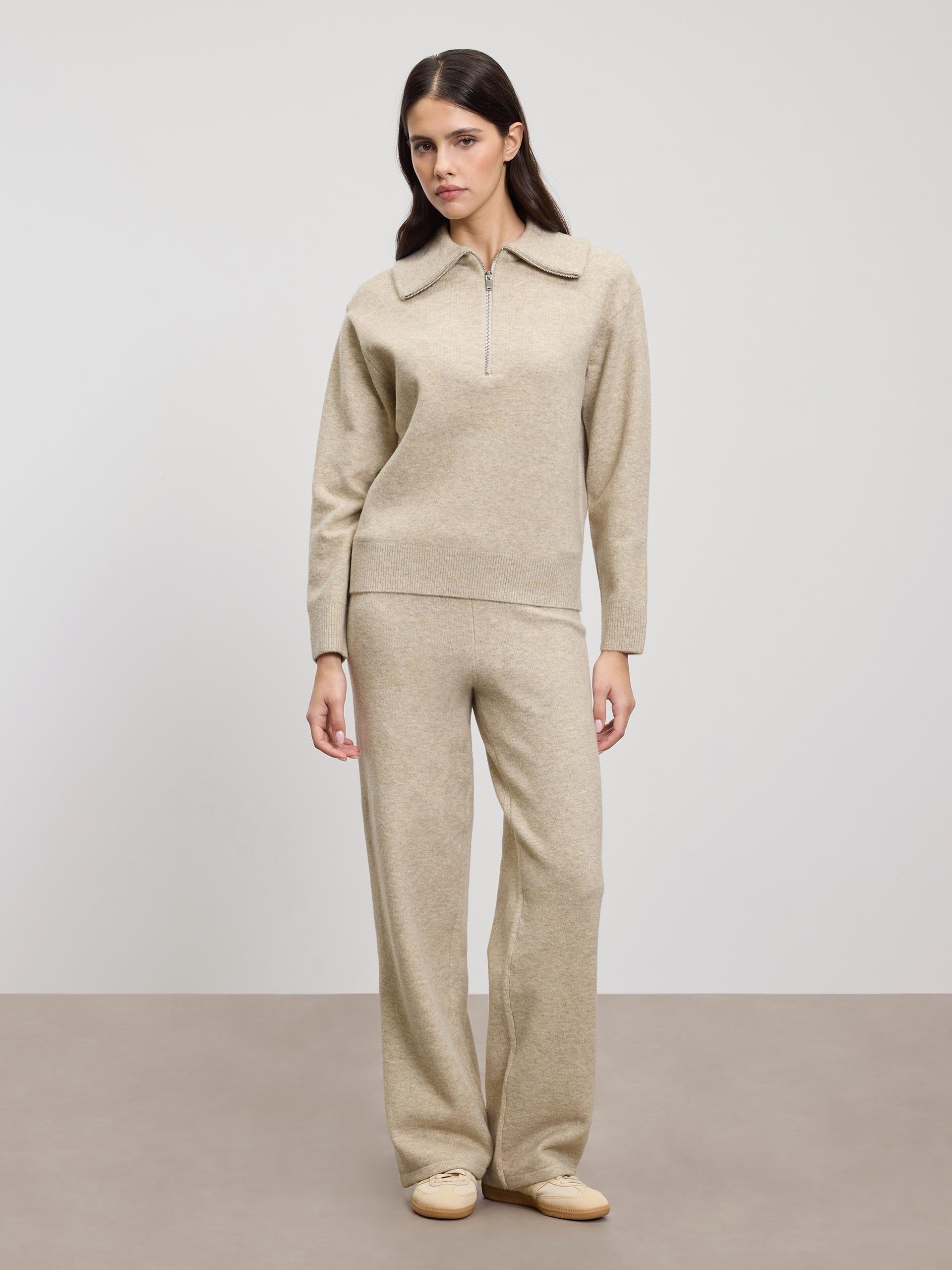 Womens Chunky Wool Half Zip in Stone