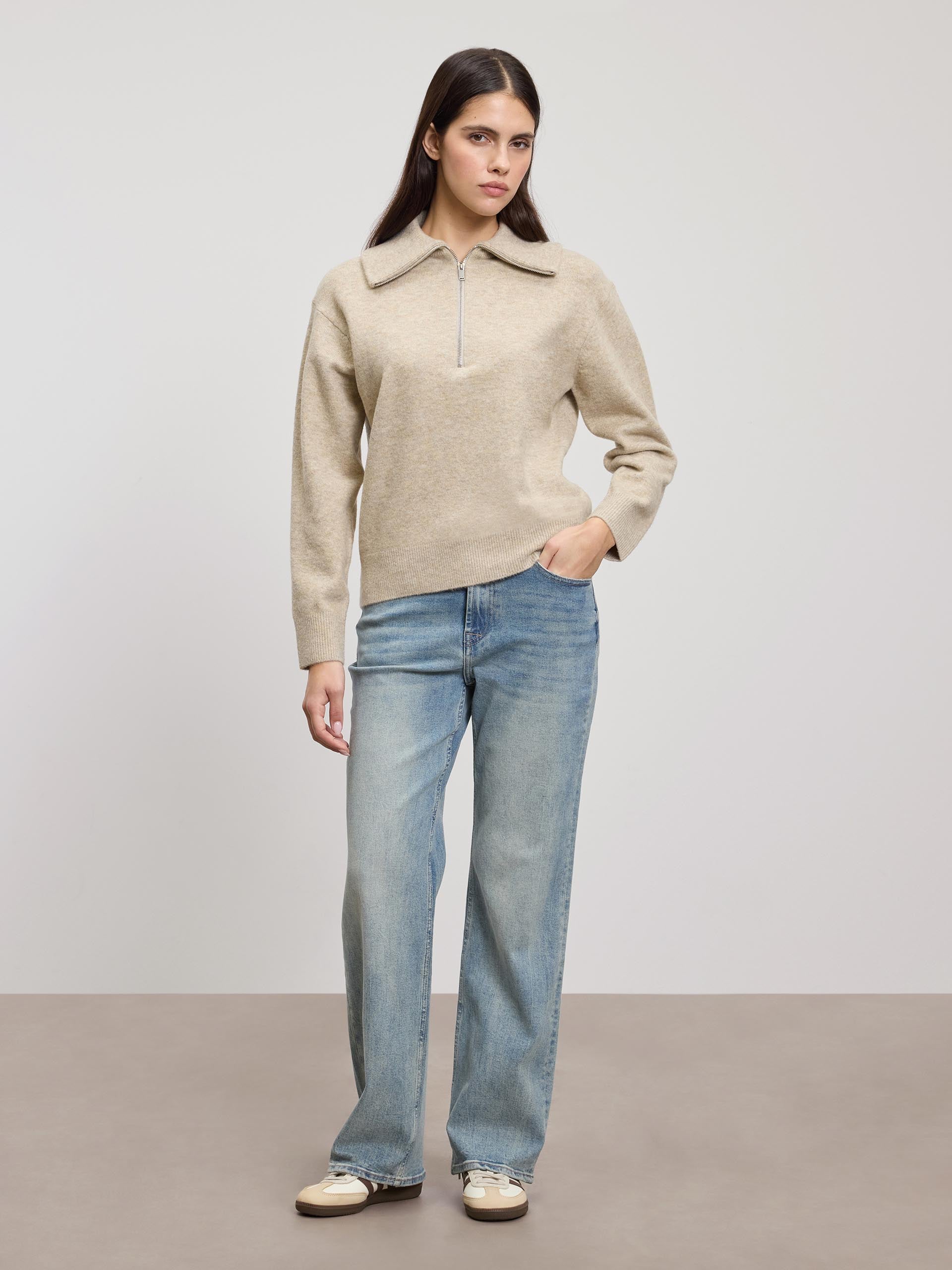 Womens Chunky Wool Half Zip in Stone