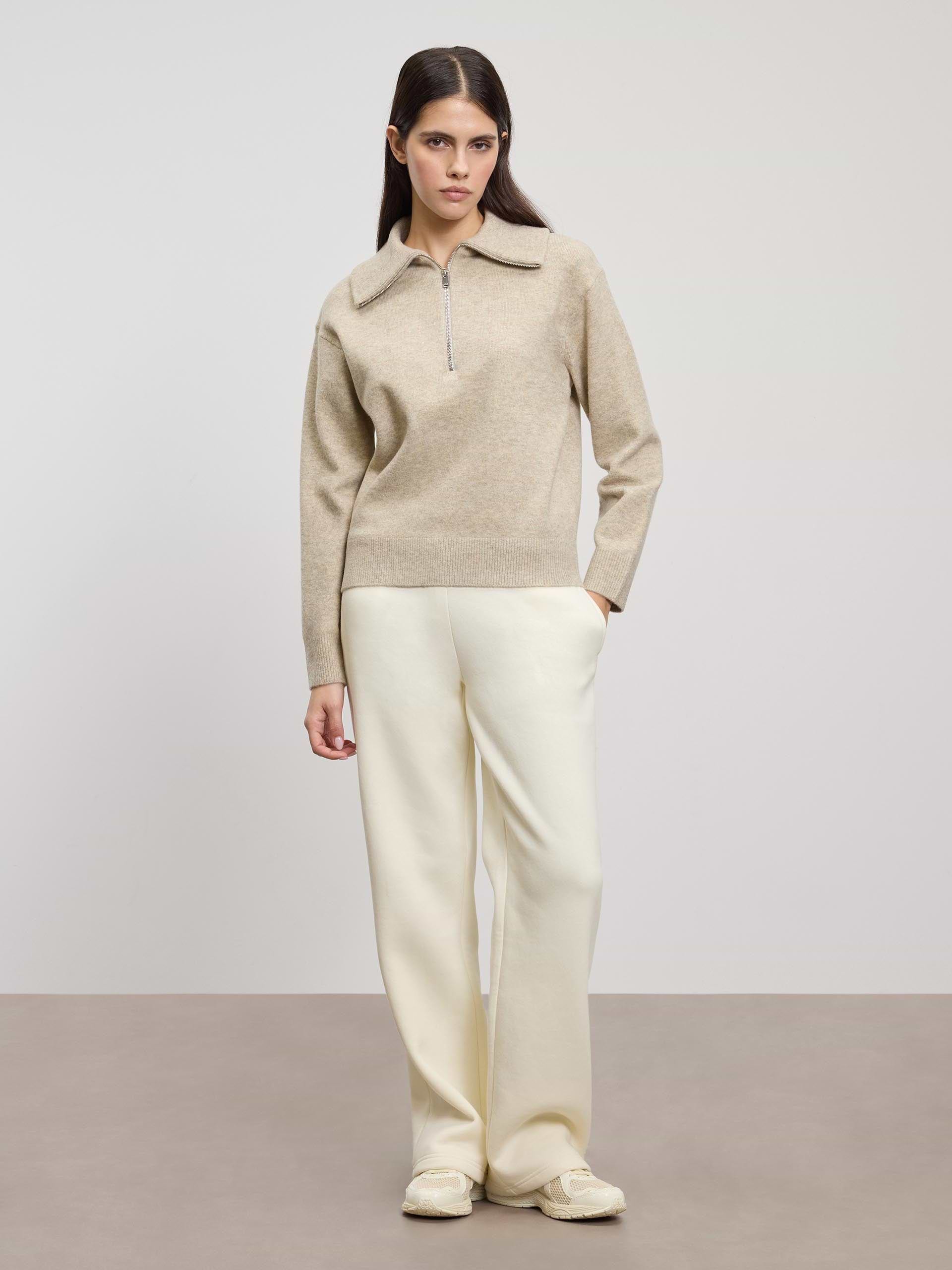 Womens Chunky Wool Half Zip in Stone