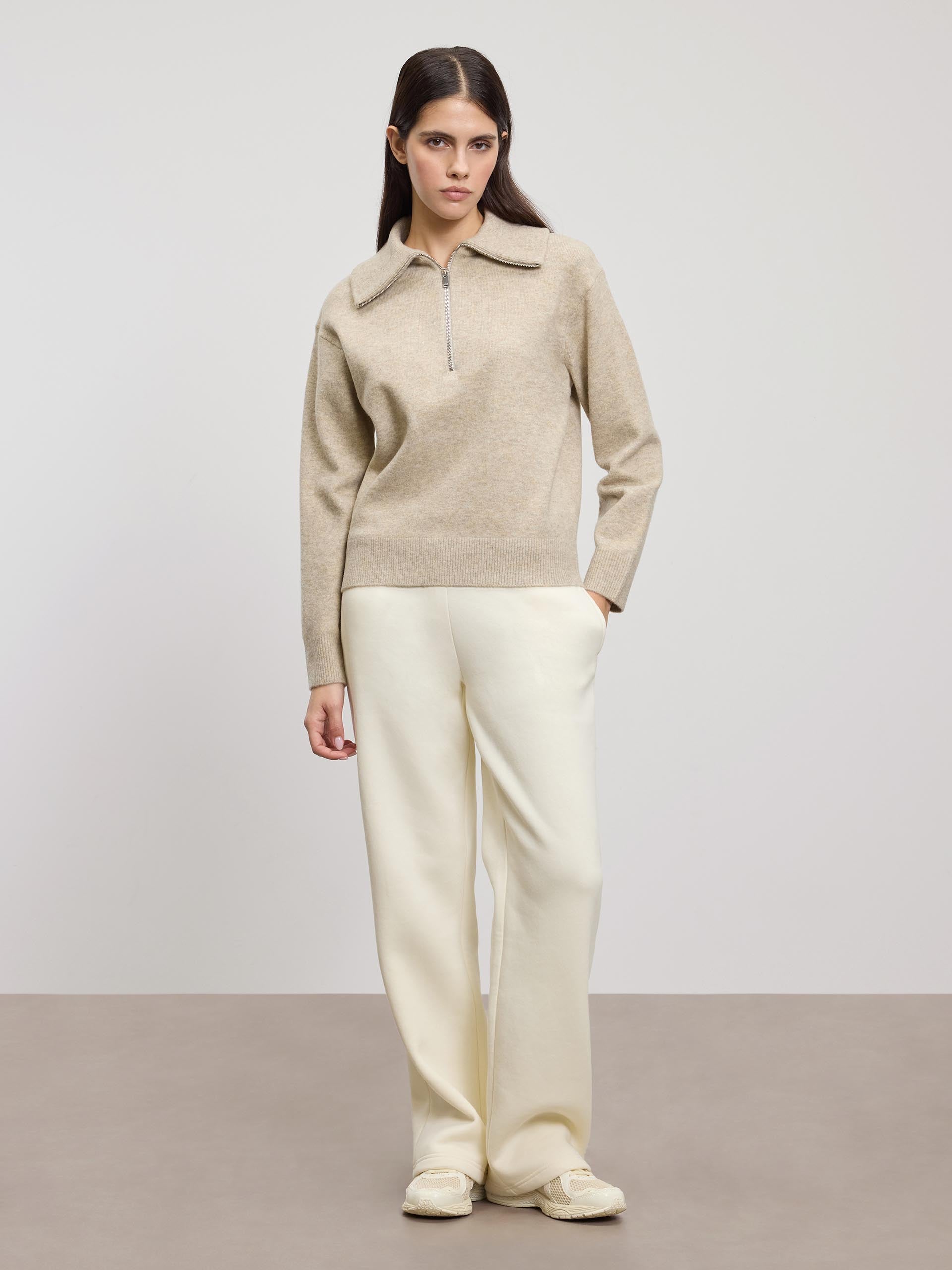 Womens Chunky Wool Half Zip in Stone