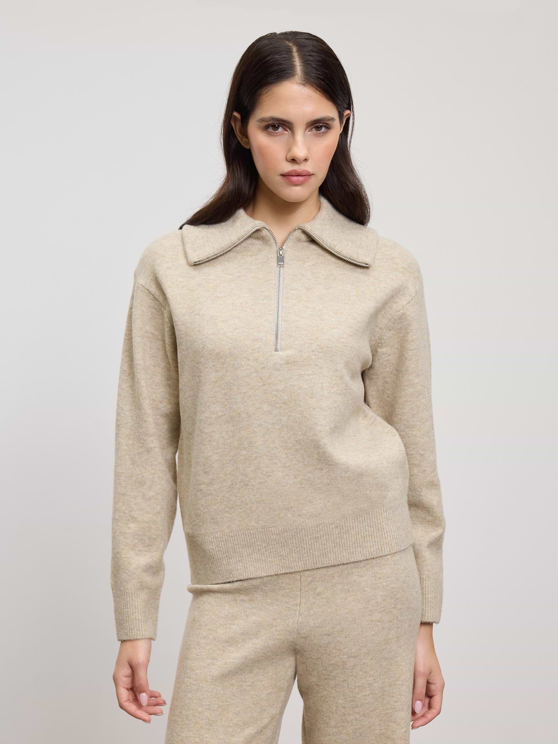 Womens Chunky Wool Half Zip in Stone