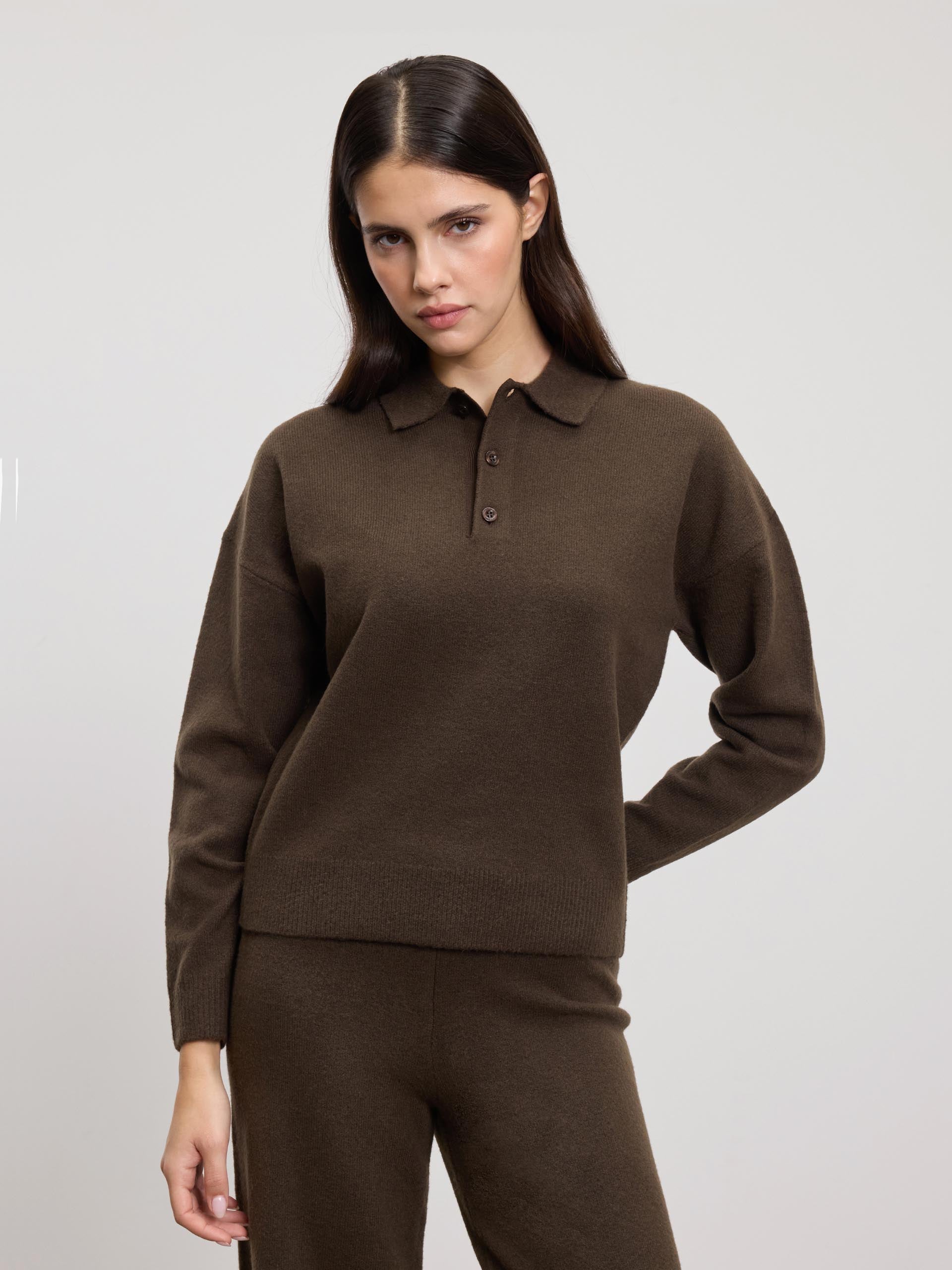 Womens Chunky Wool Polo Shirt in Brown