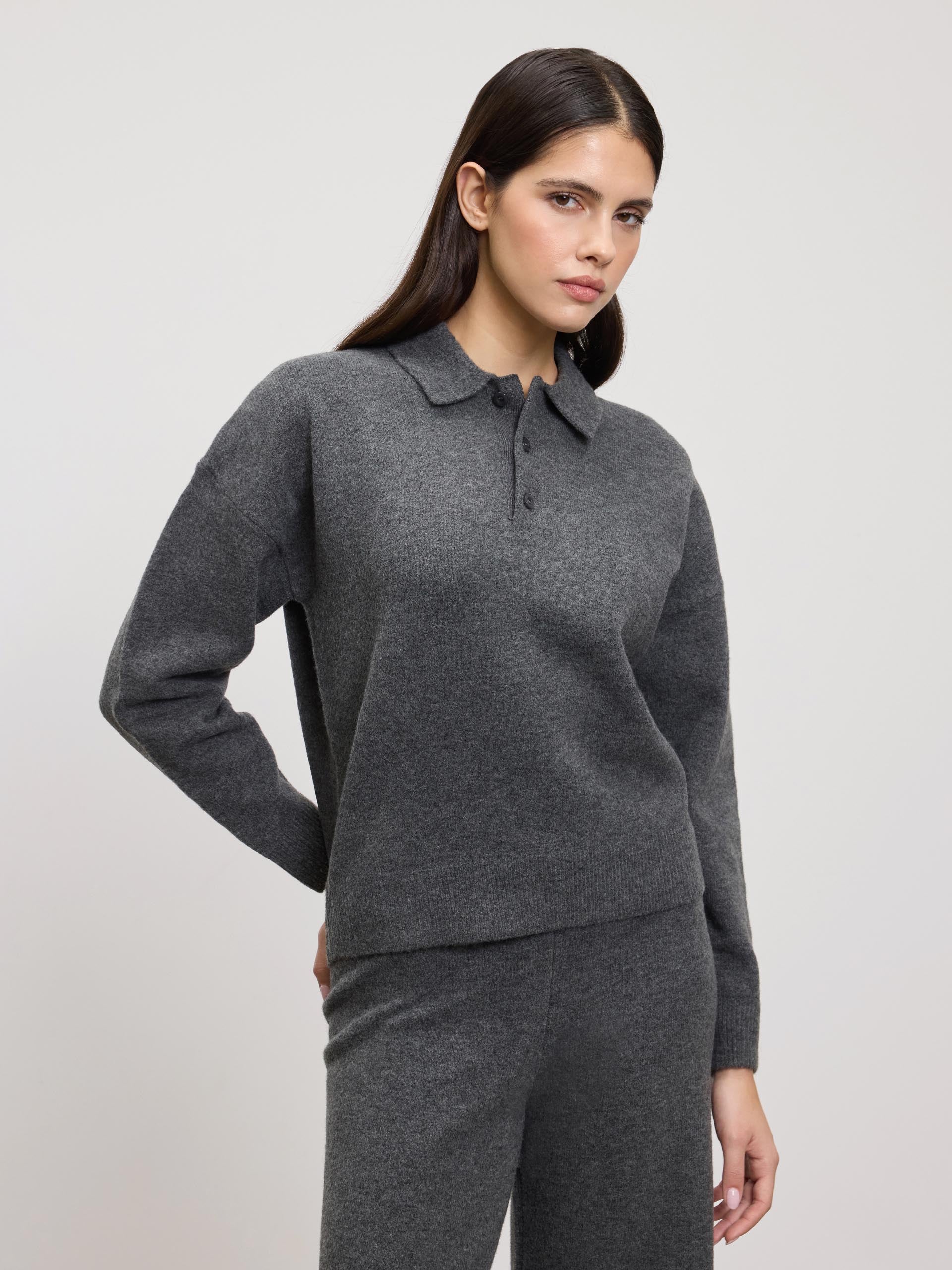 Womens Chunky Wool Polo Shirt in Charcoal