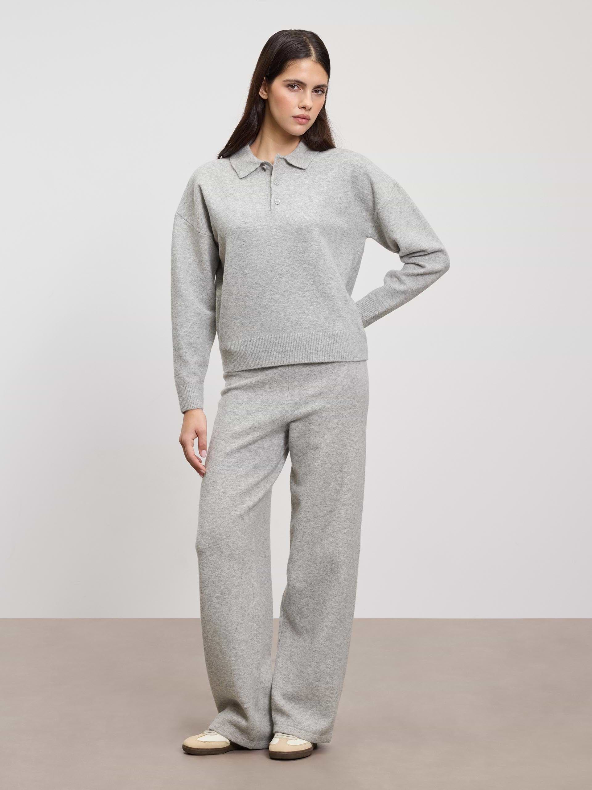 Womens Chunky Wool Polo Shirt in Grey Marl