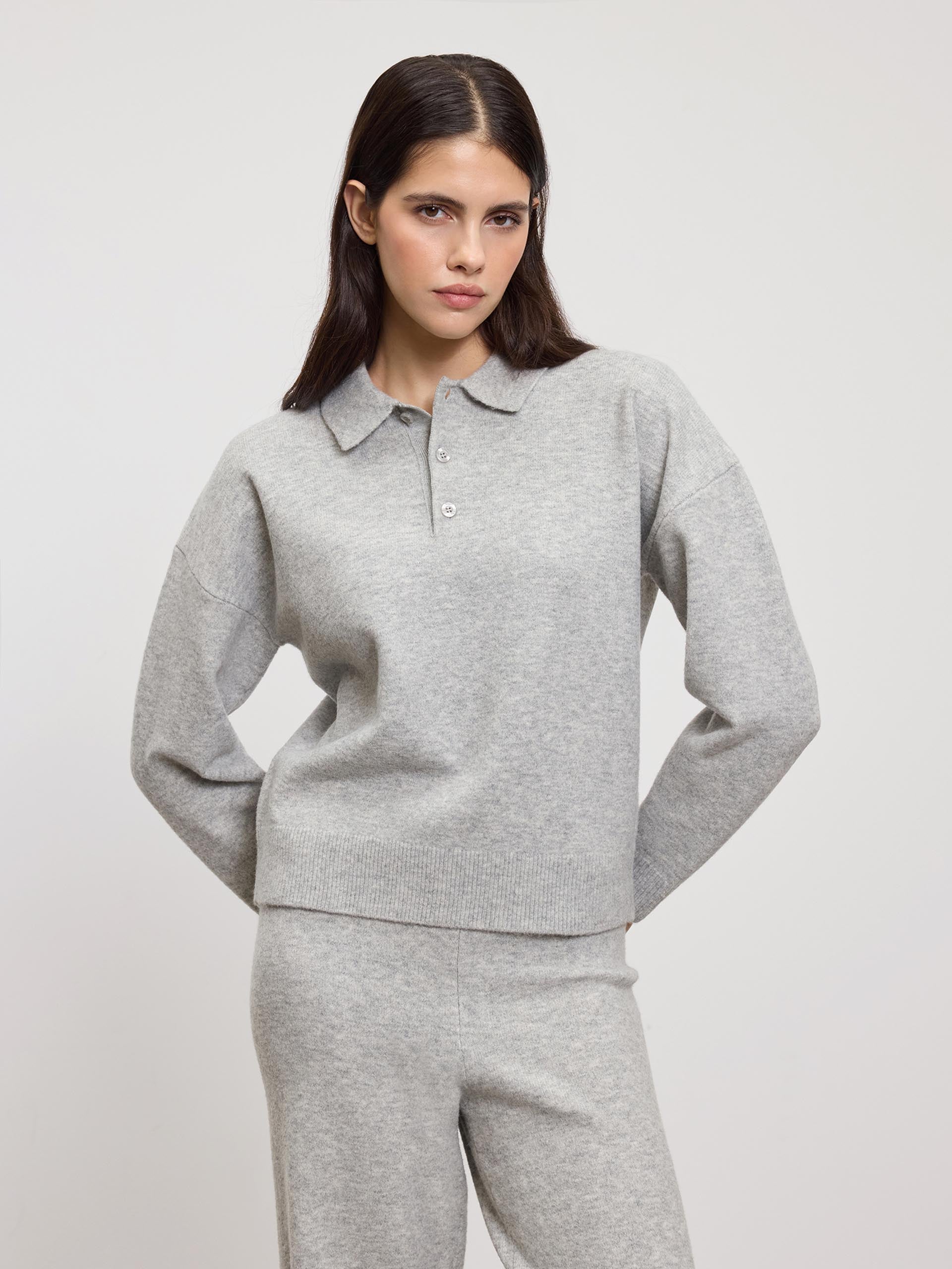 Womens Chunky Wool Polo Shirt in Grey Marl