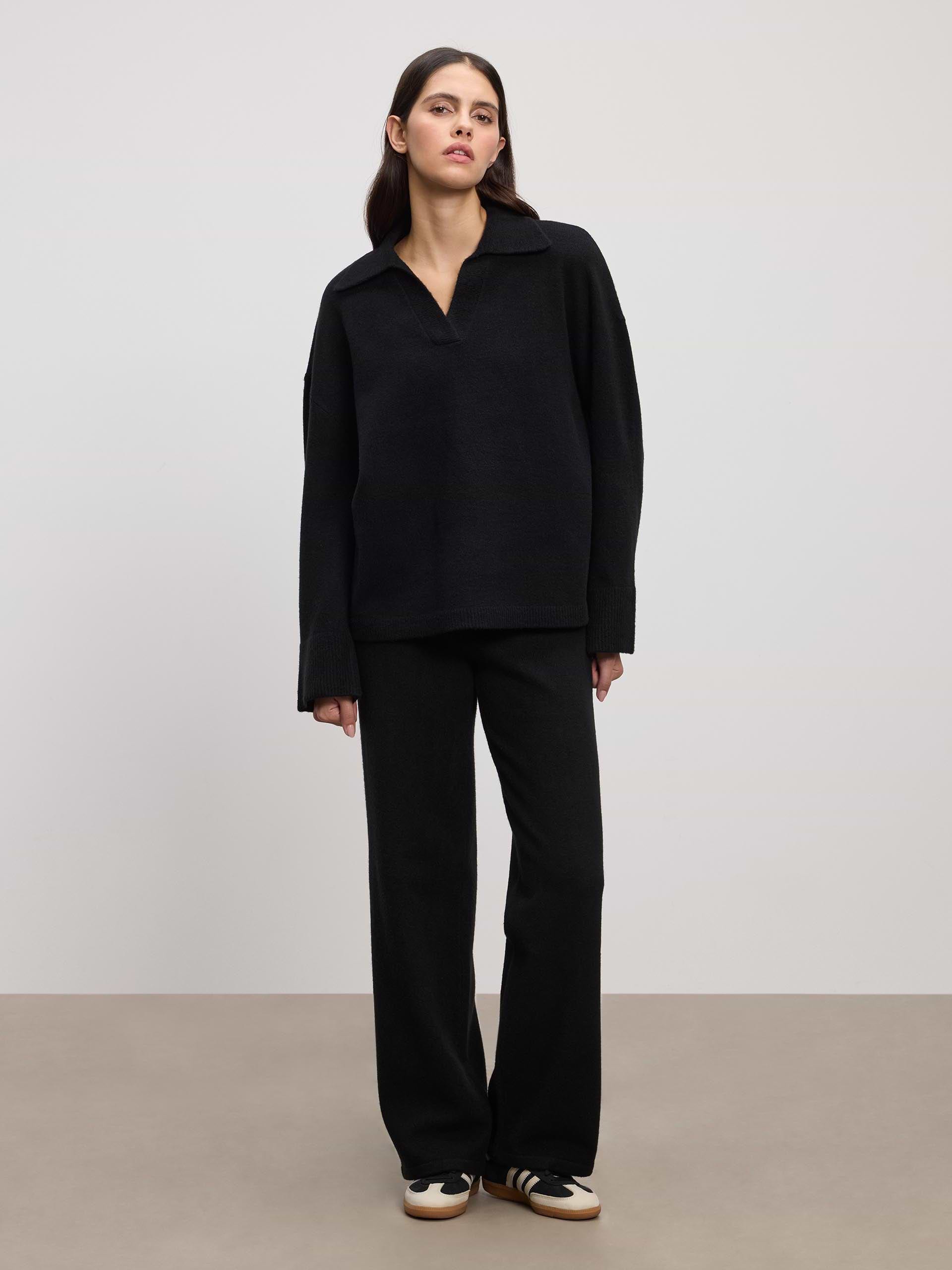 Womens Chunky Wool Revere Collar Polo in Black