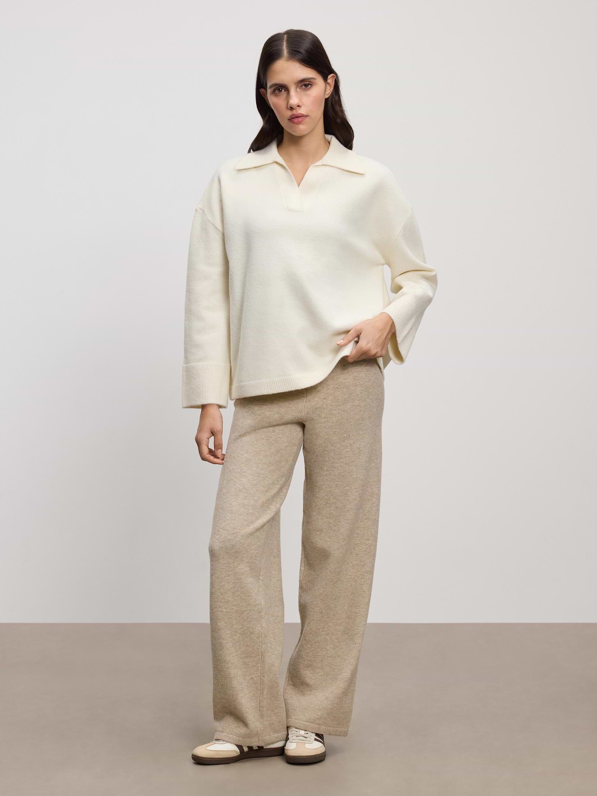 Womens Chunky Wool Revere Collar Polo in White