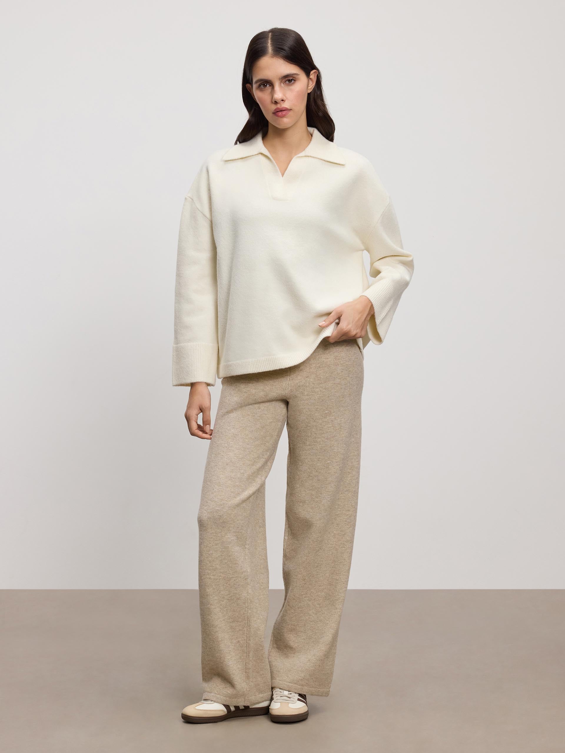 Womens Chunky Wool Revere Collar Polo in White