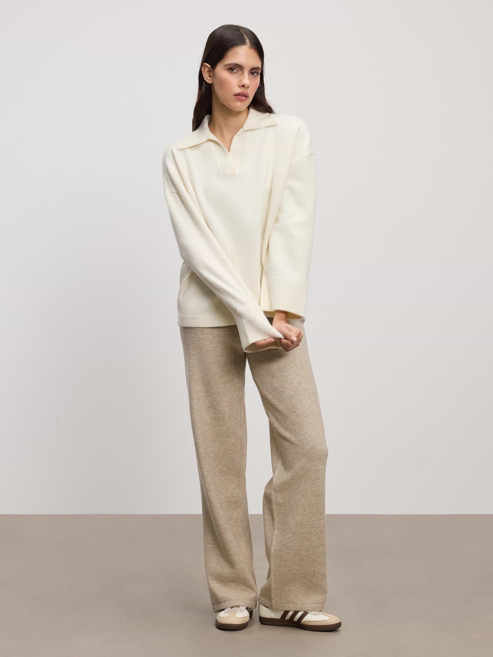 Womens Chunky Wool Revere Collar Polo in White