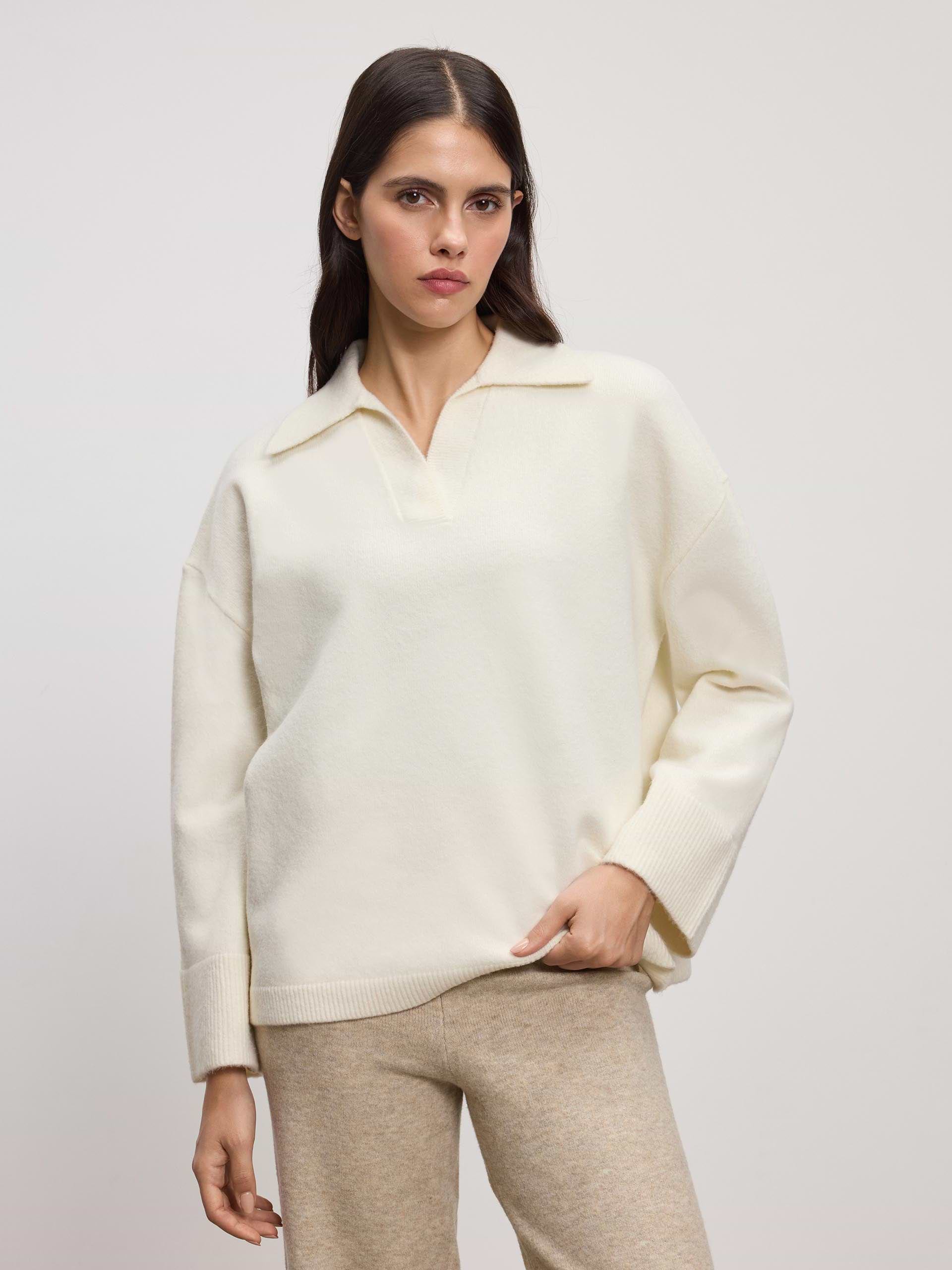 Womens Chunky Wool Revere Collar Polo in White
