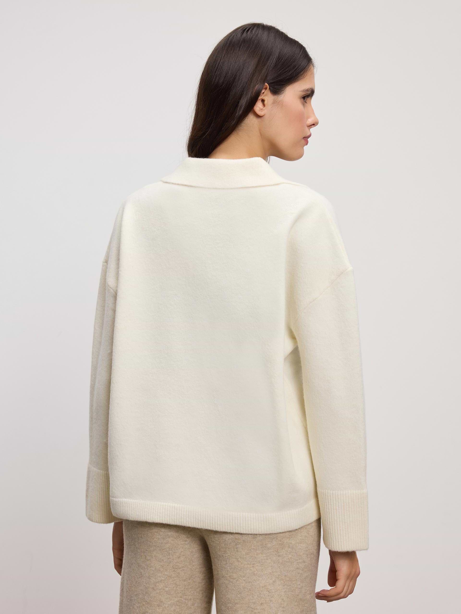 Womens Chunky Wool Revere Collar Polo in White