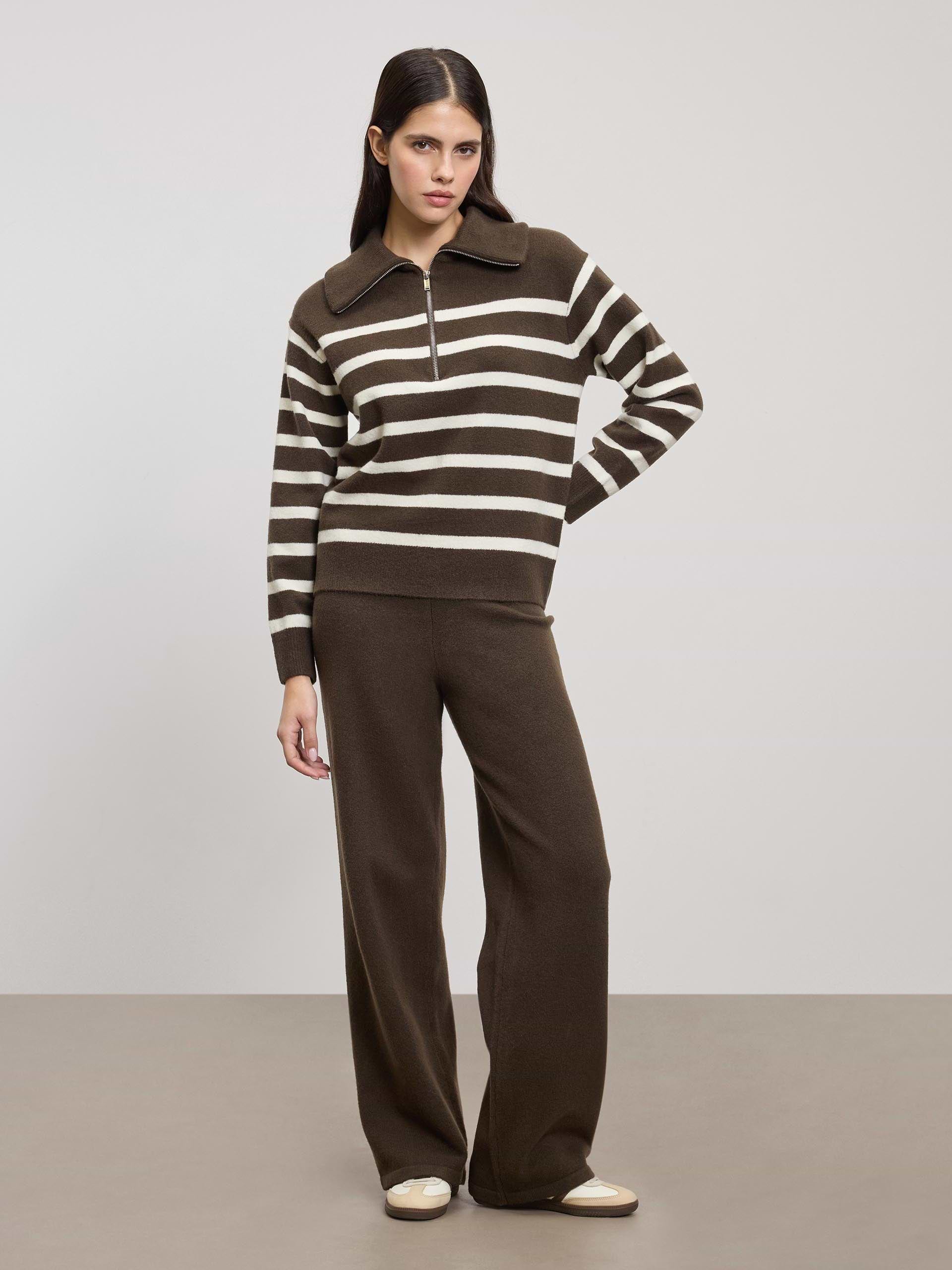 Womens Chunky Wool Stripe Half Zip in Brown White