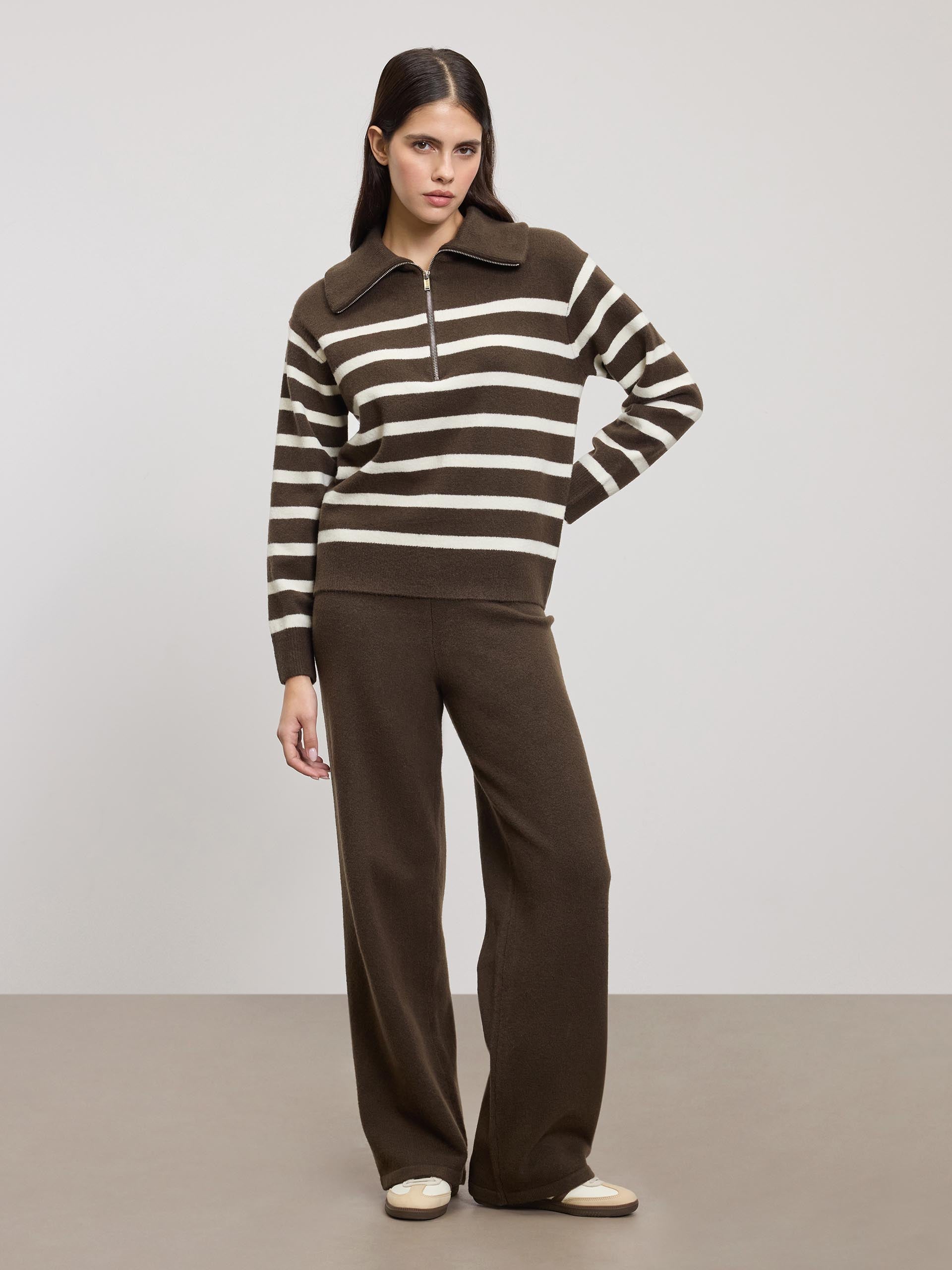 Womens Chunky Wool Stripe Half Zip in Brown White