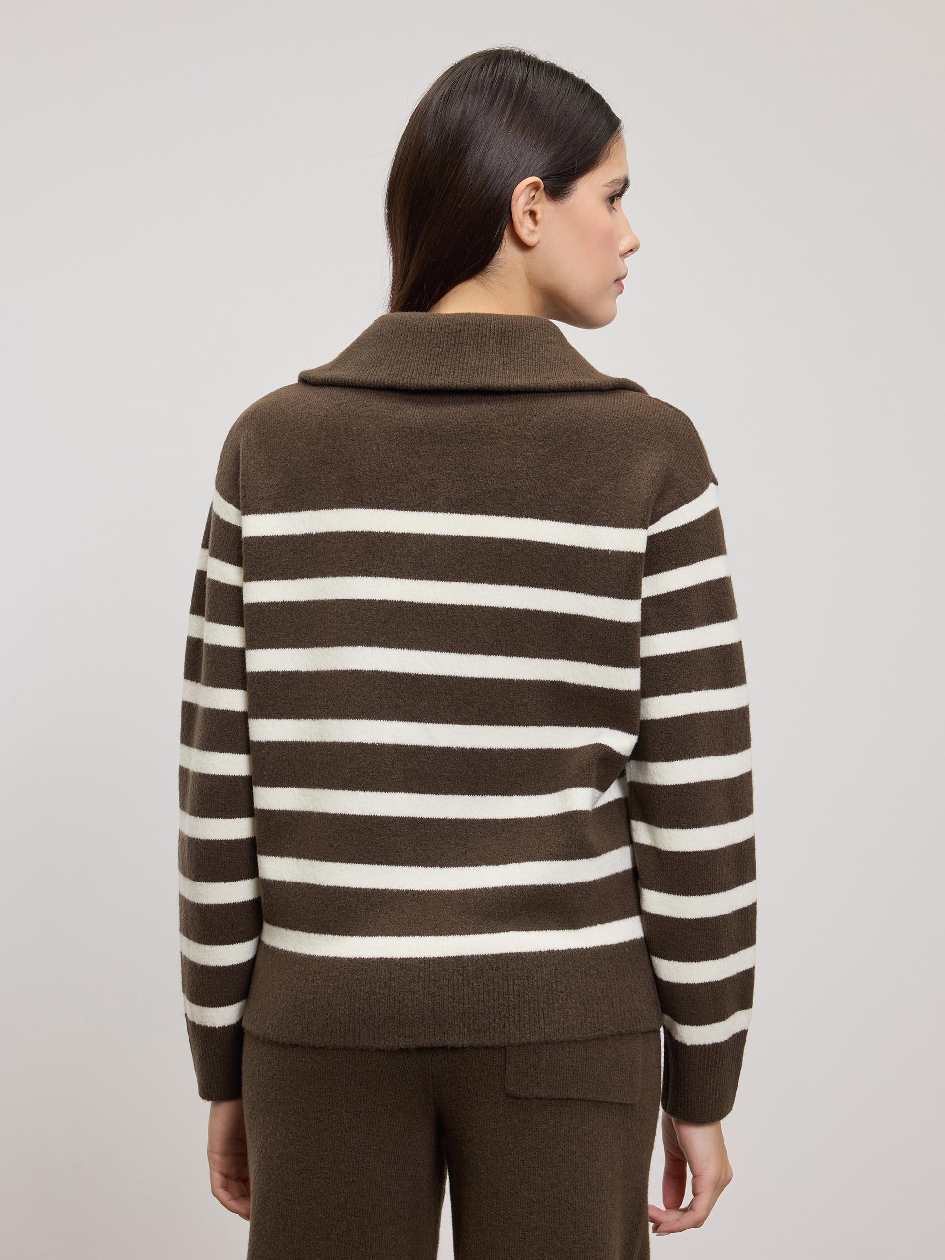 Womens Chunky Wool Stripe Half Zip in Brown White