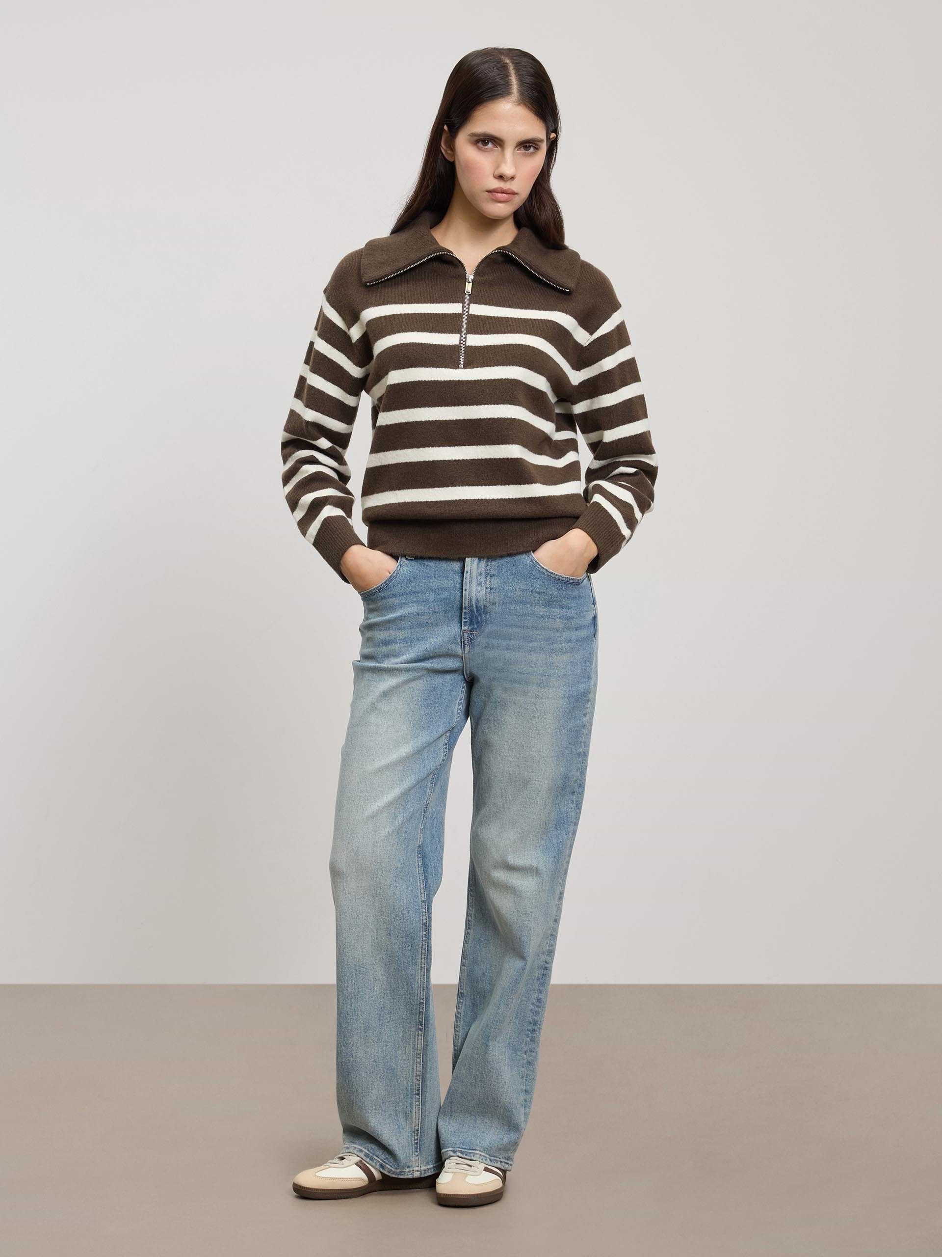 Womens Chunky Wool Stripe Half Zip in Brown White