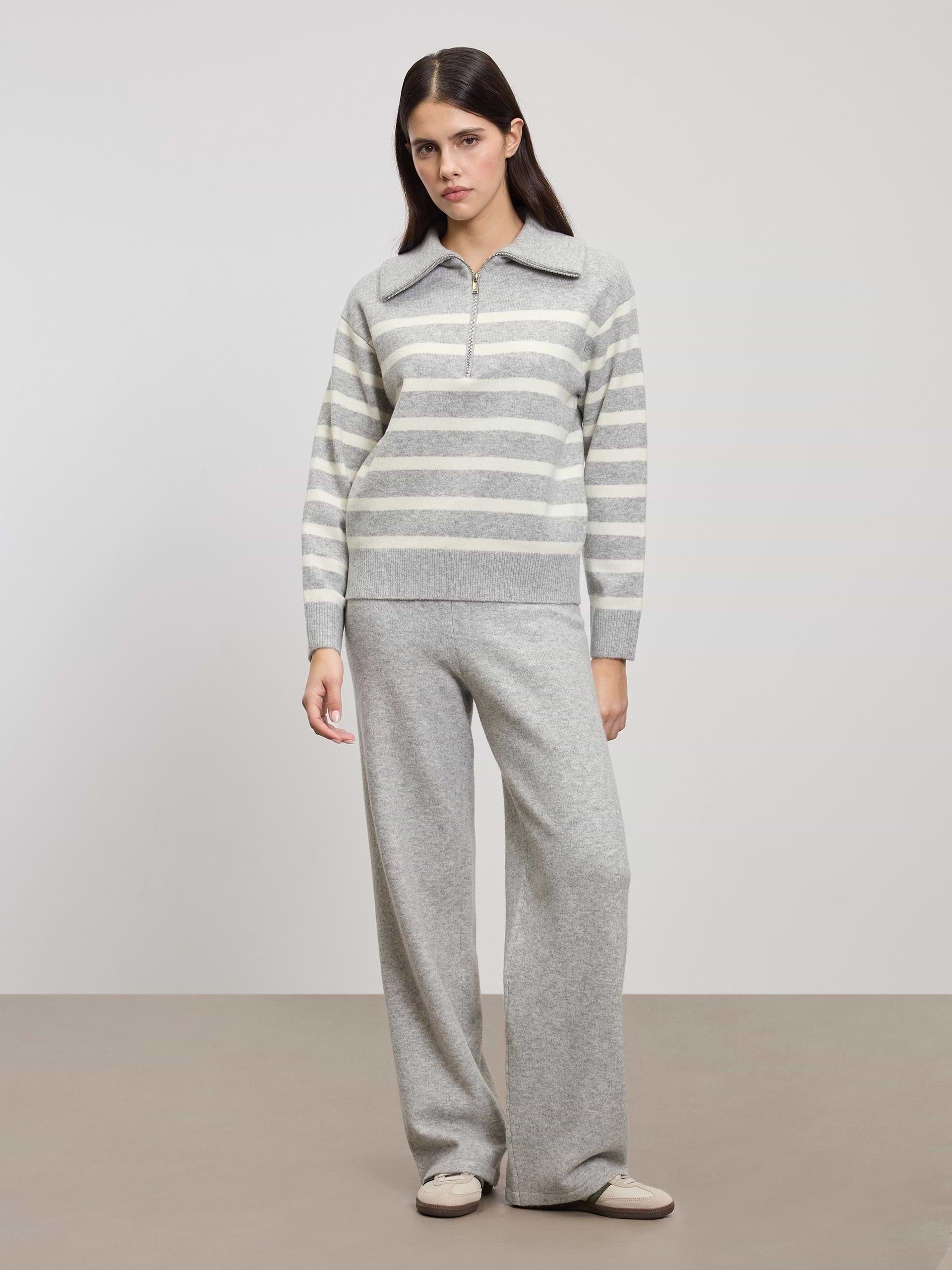 Womens Chunky Wool Stripe Half Zip in Grey White