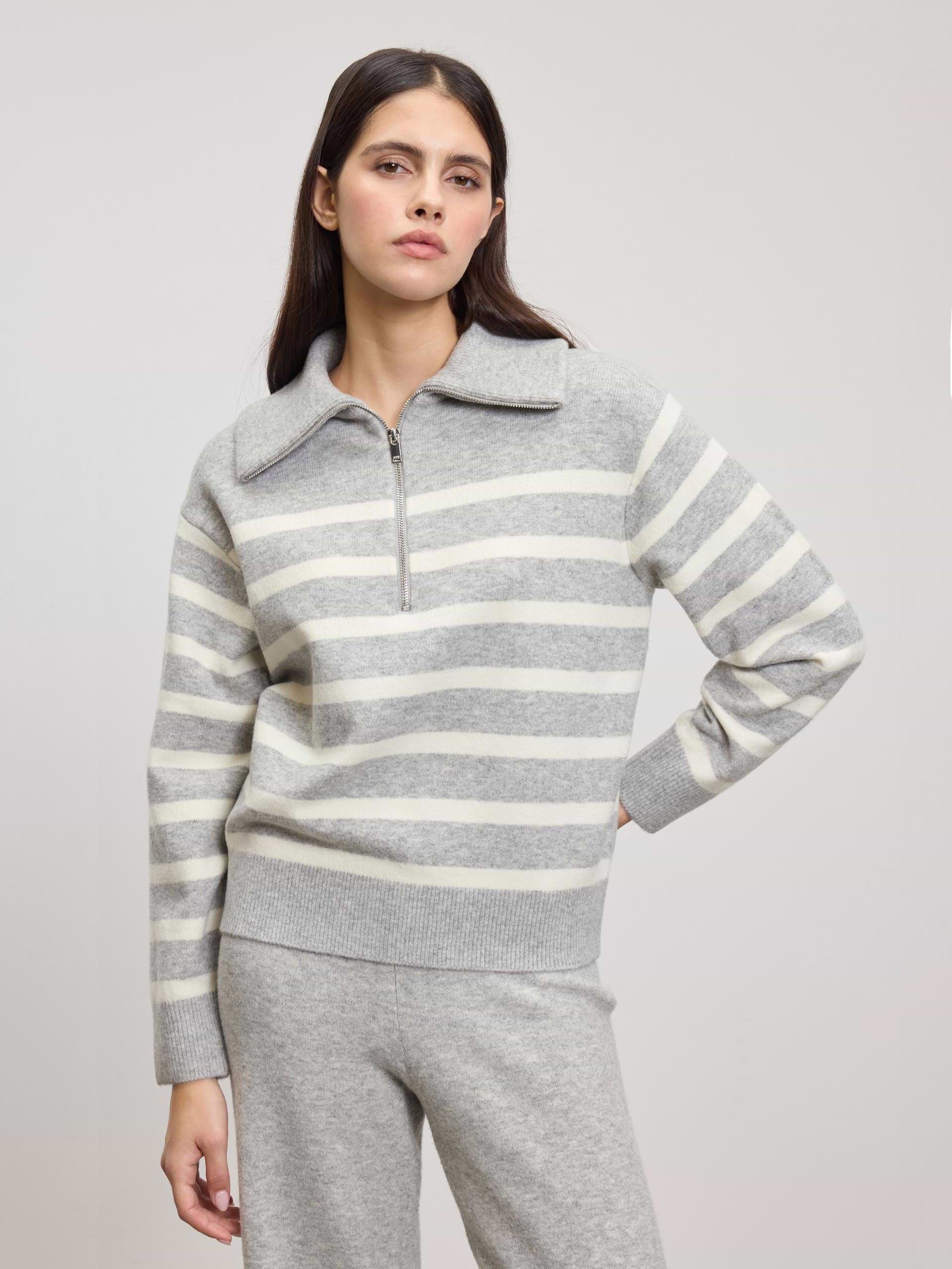 Womens Chunky Wool Stripe Half Zip in Grey White