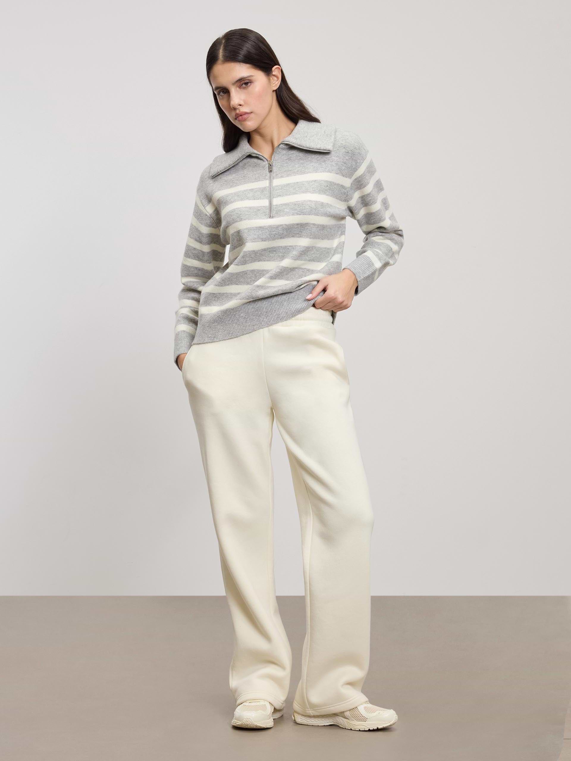 Womens Chunky Wool Stripe Half Zip in Grey White