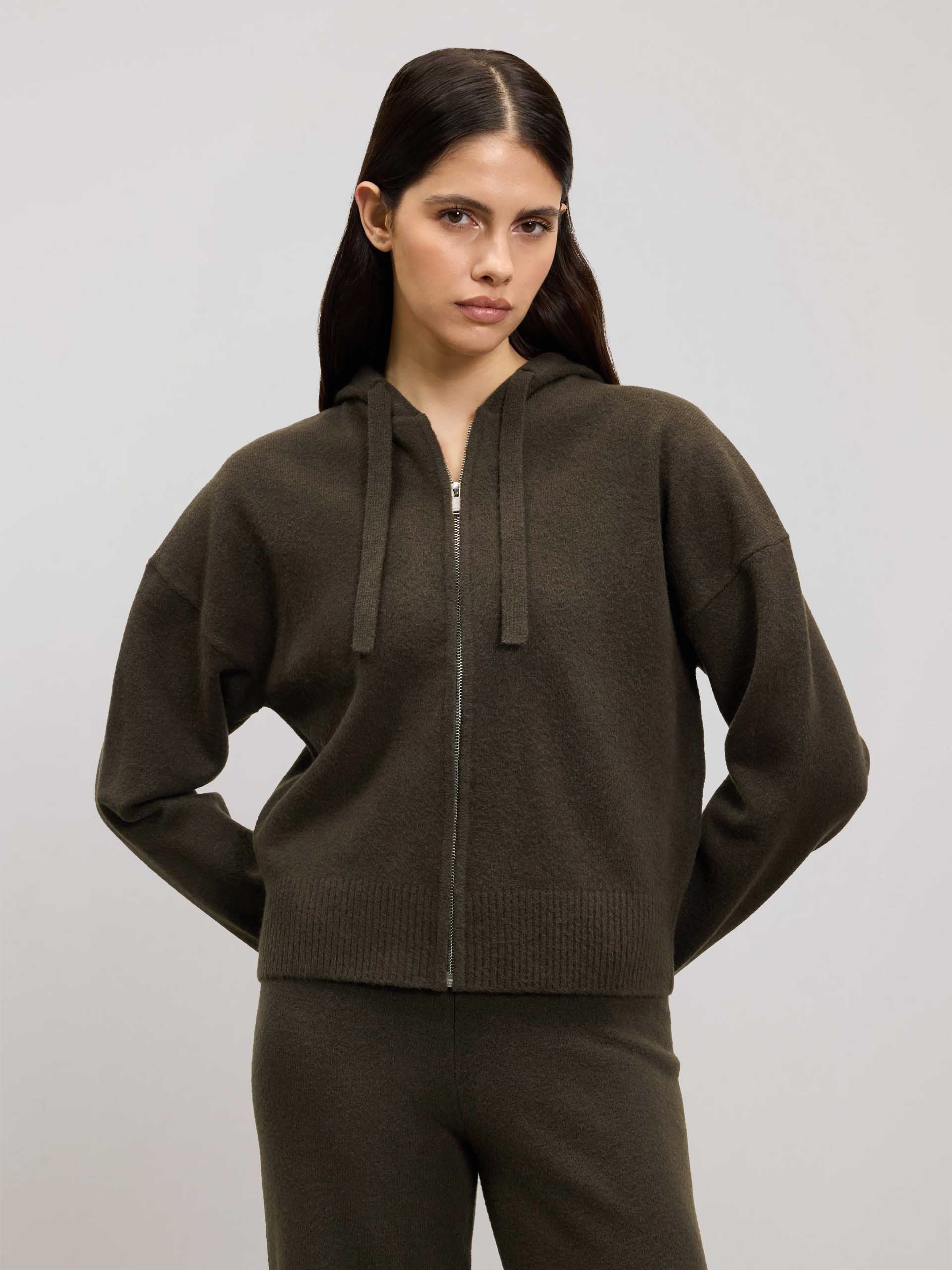 Womens Chunky Knitted Hoodie in Brown