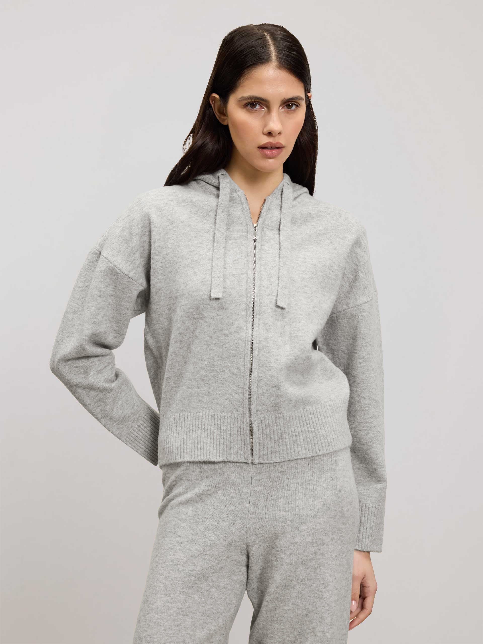 Womens Chunky Knitted Hoodie in Marl Grey