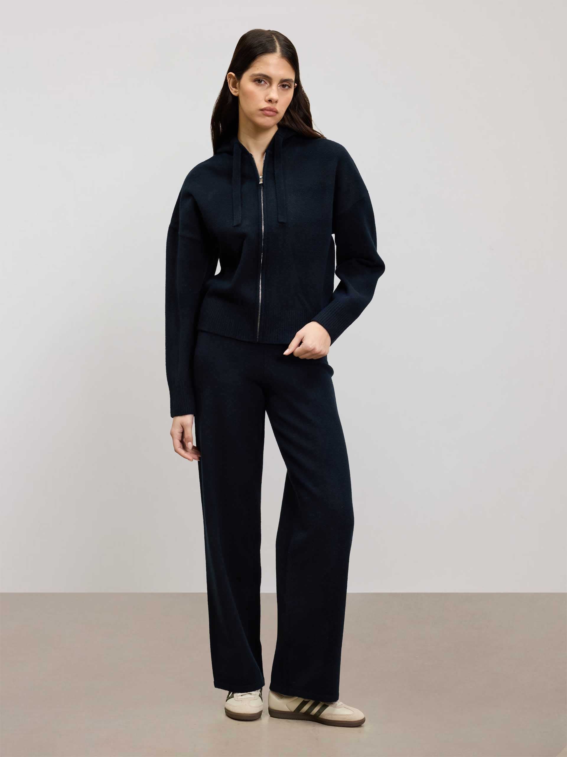 Womens Chunky Knitted Hoodie in Navy