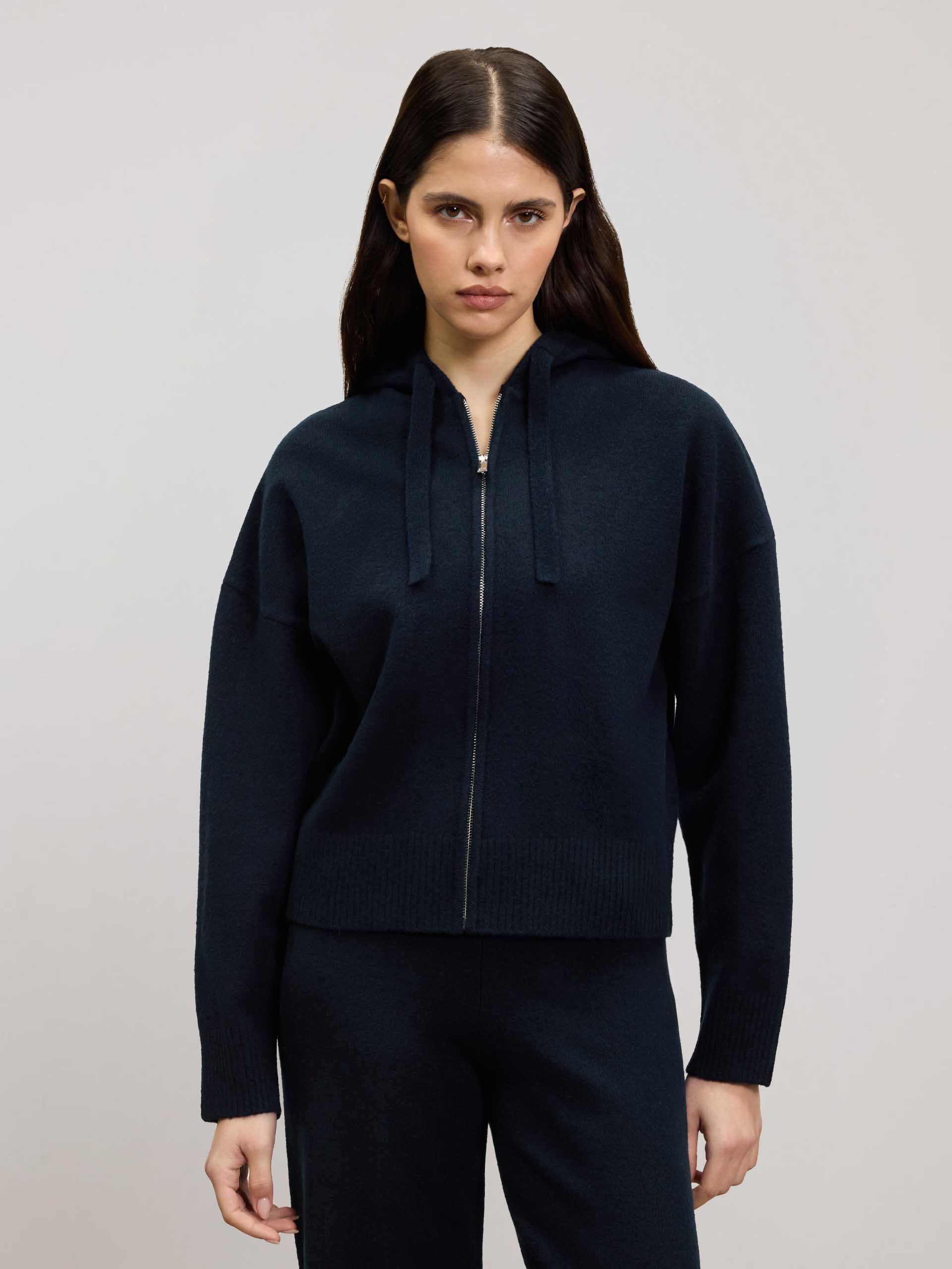 Womens Chunky Knitted Hoodie in Navy