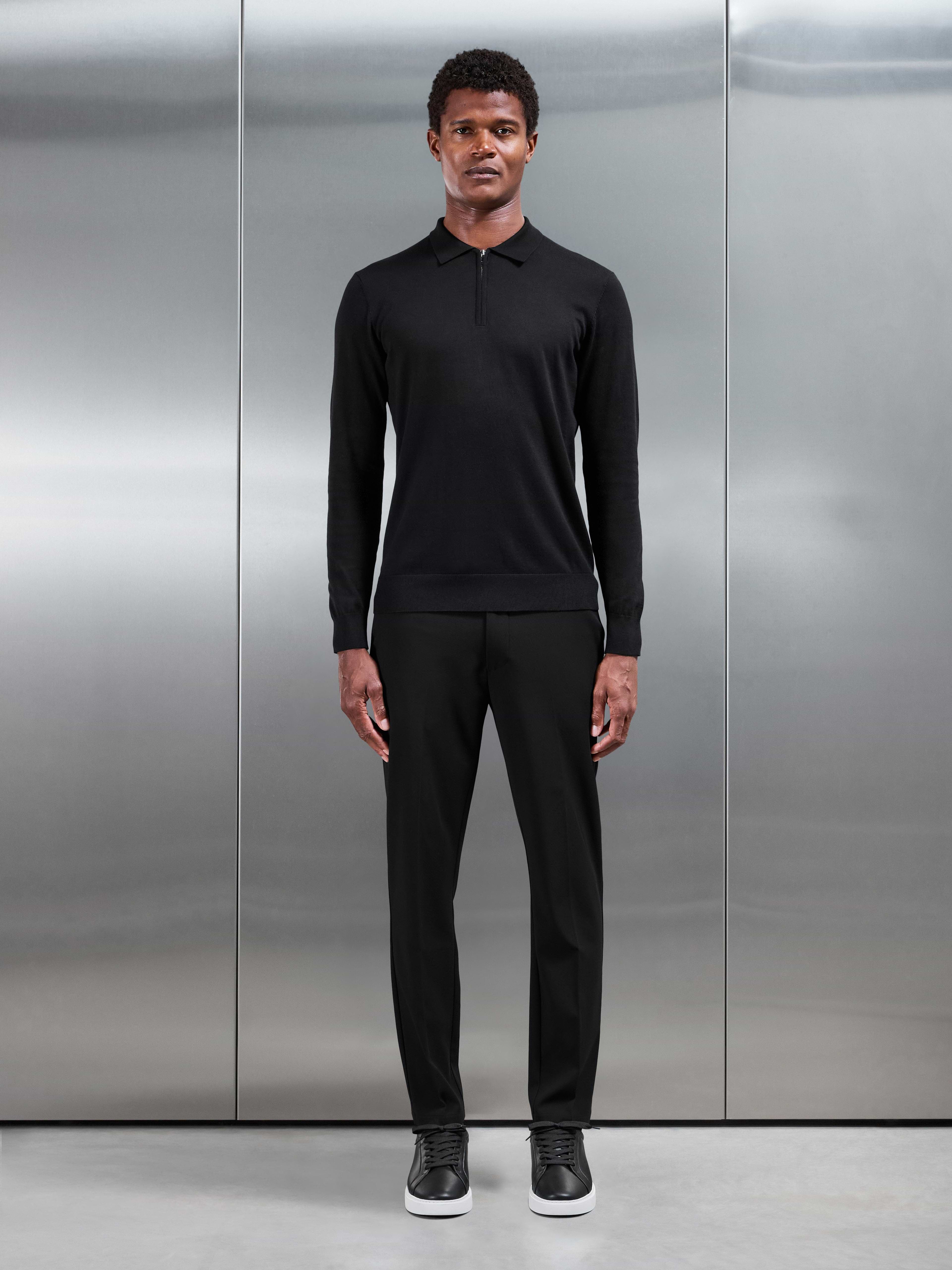 Cotton and Silk Long Sleeve Zip Polo Shirt in Black