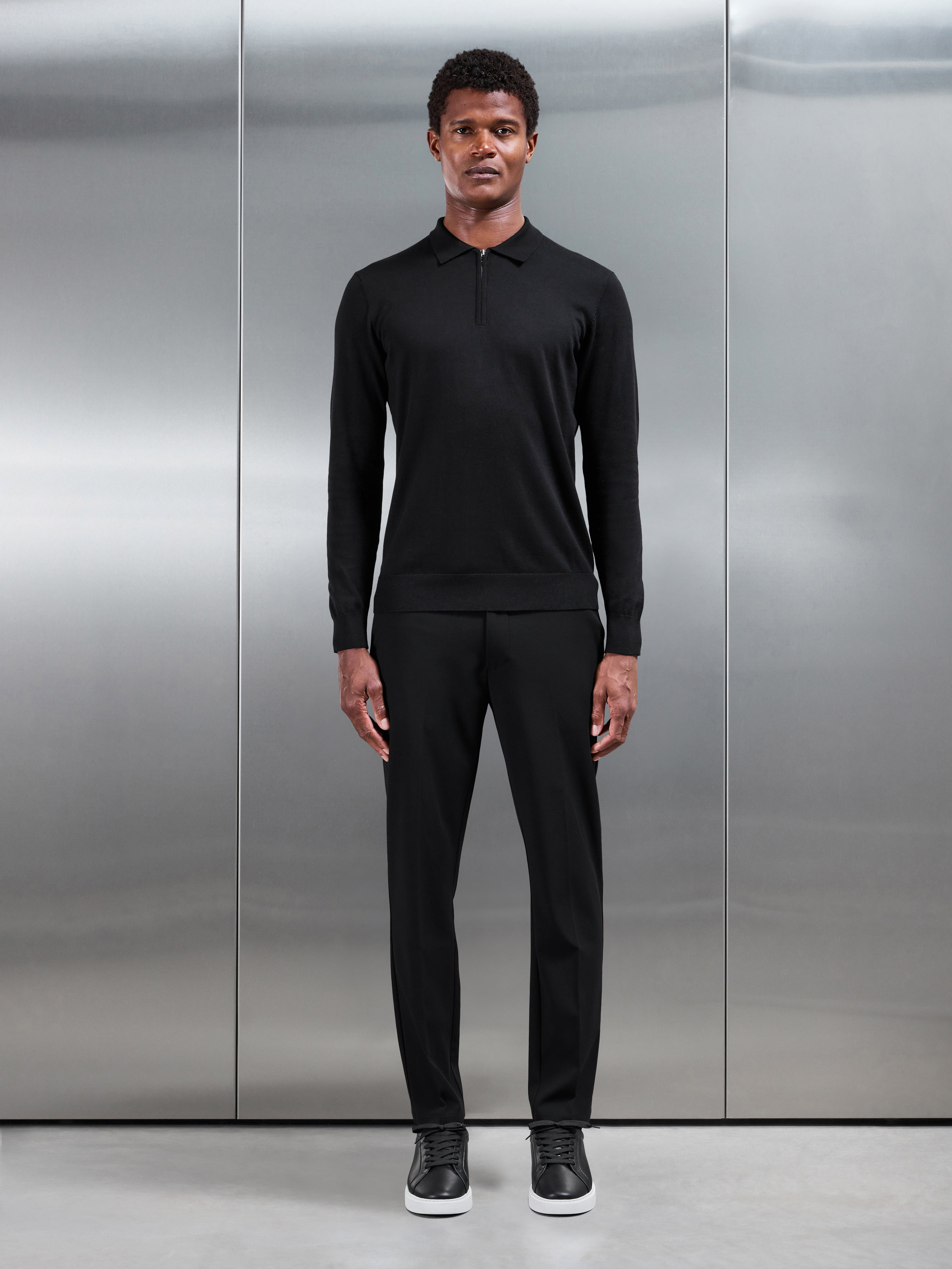 Cotton and Silk Long Sleeve Zip Polo Shirt in Black