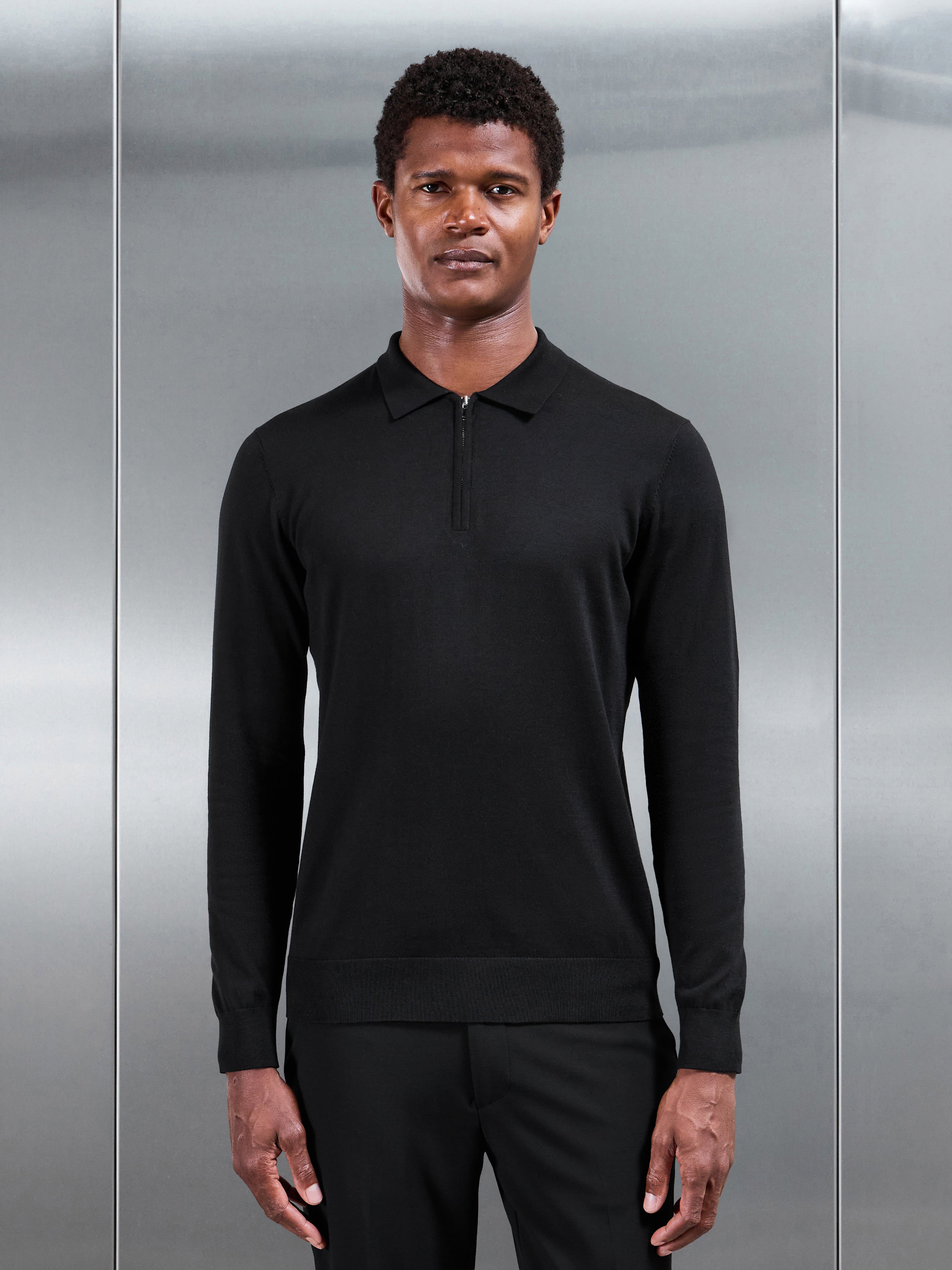 Cotton and Silk Long Sleeve Zip Polo Shirt in Black