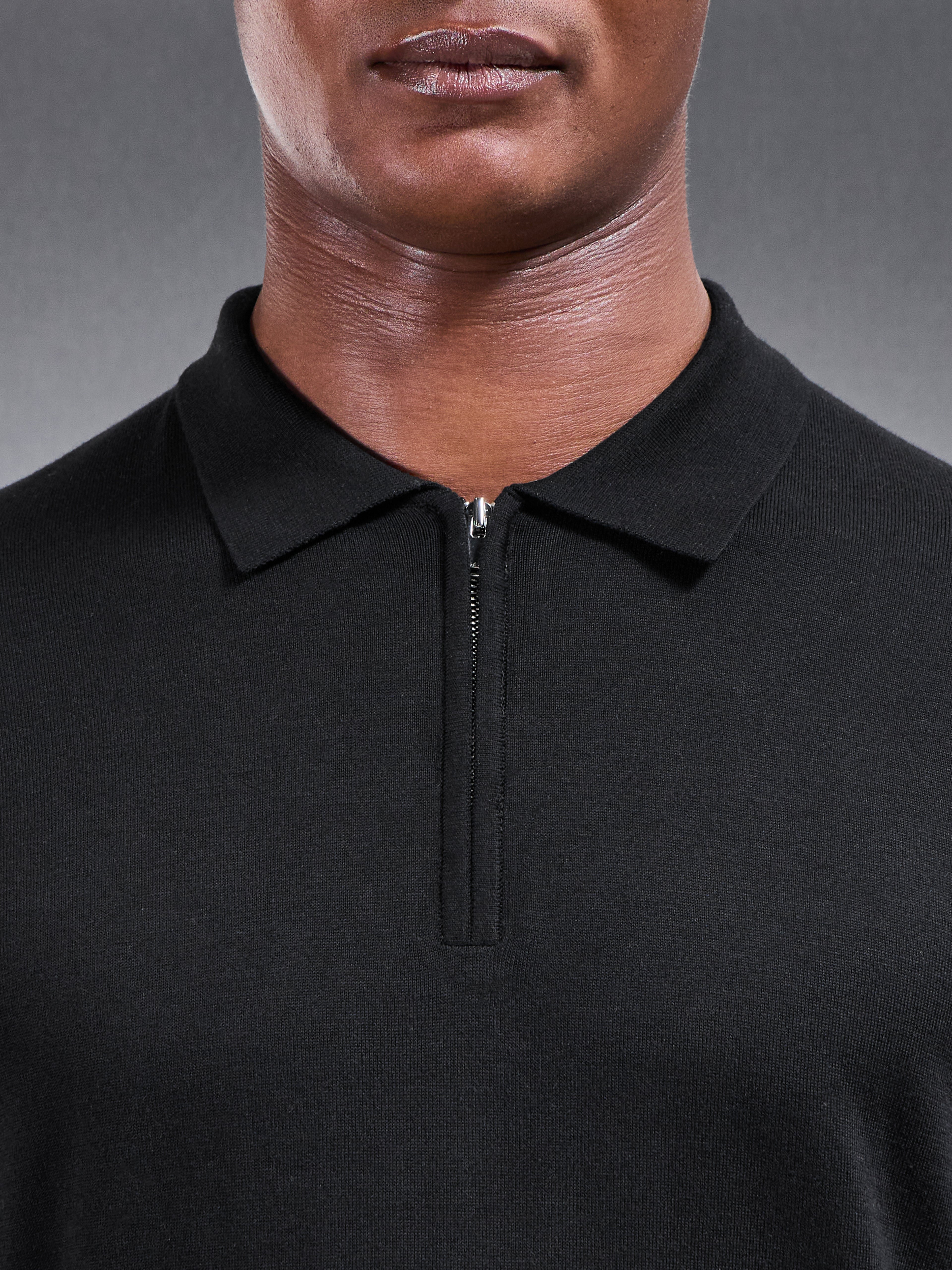 Cotton and Silk Long Sleeve Zip Polo Shirt in Black