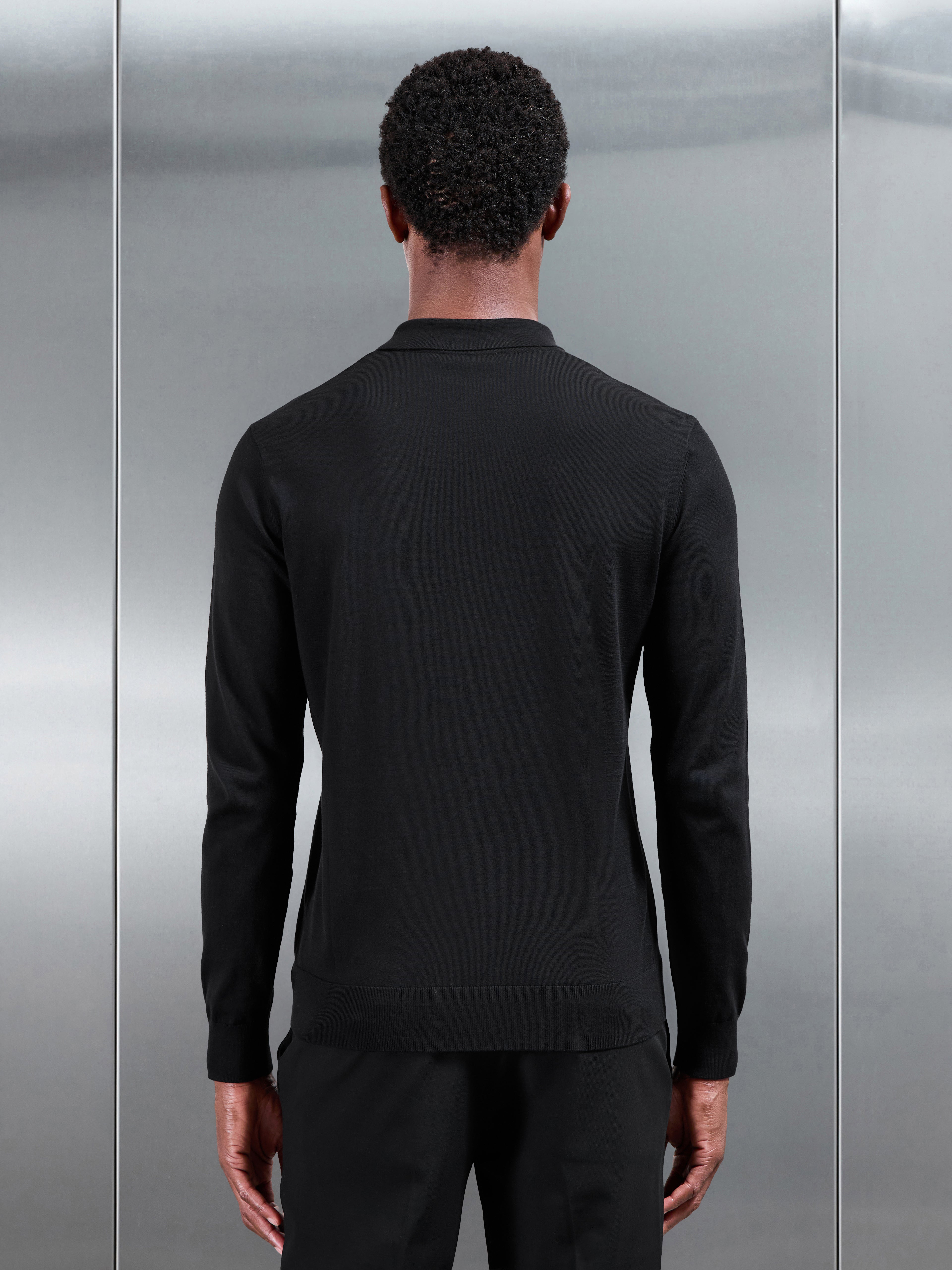 Cotton and Silk Long Sleeve Zip Polo Shirt in Black