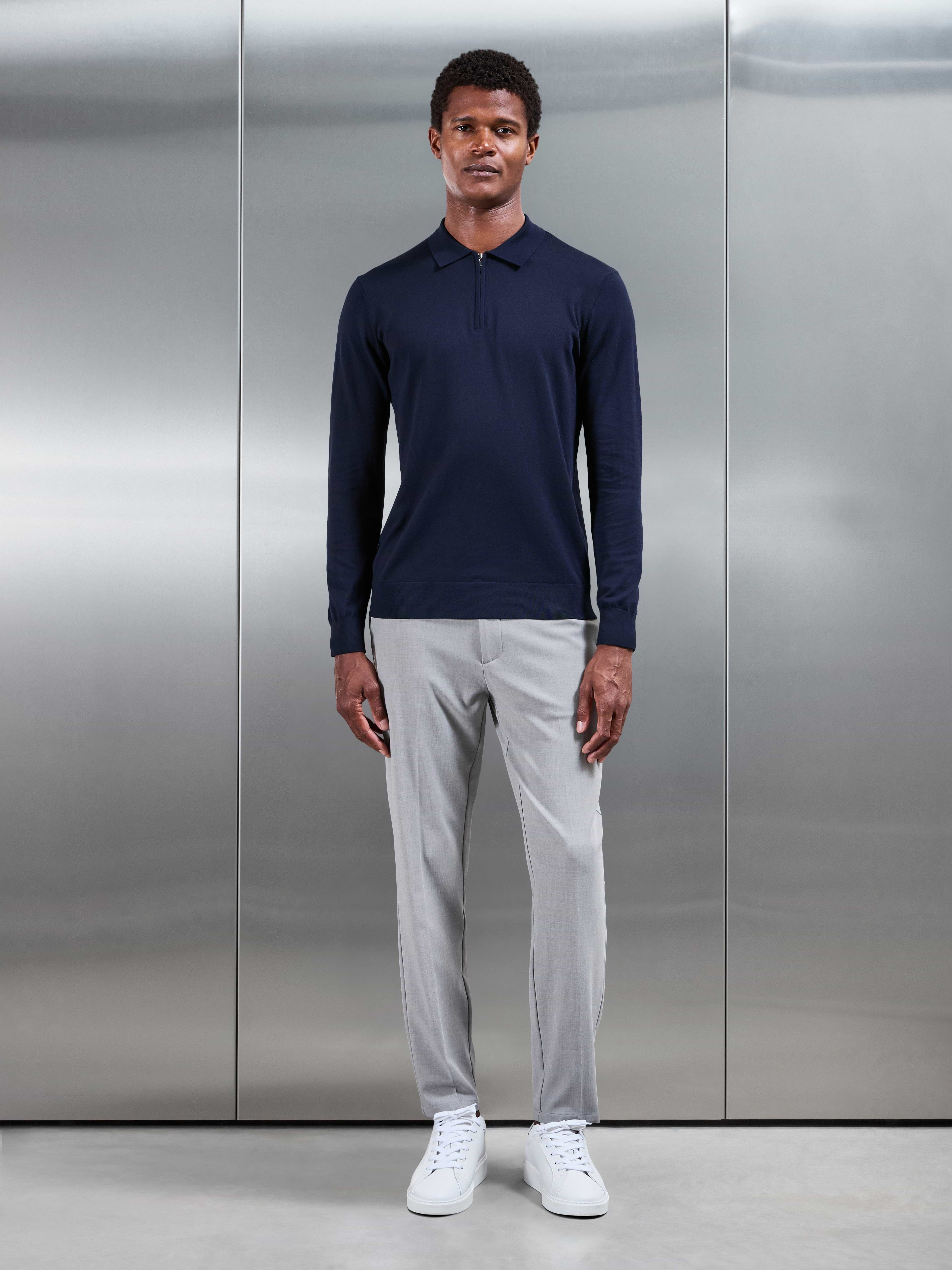 Cotton and Silk Long Sleeve Zip Polo Shirt in Navy