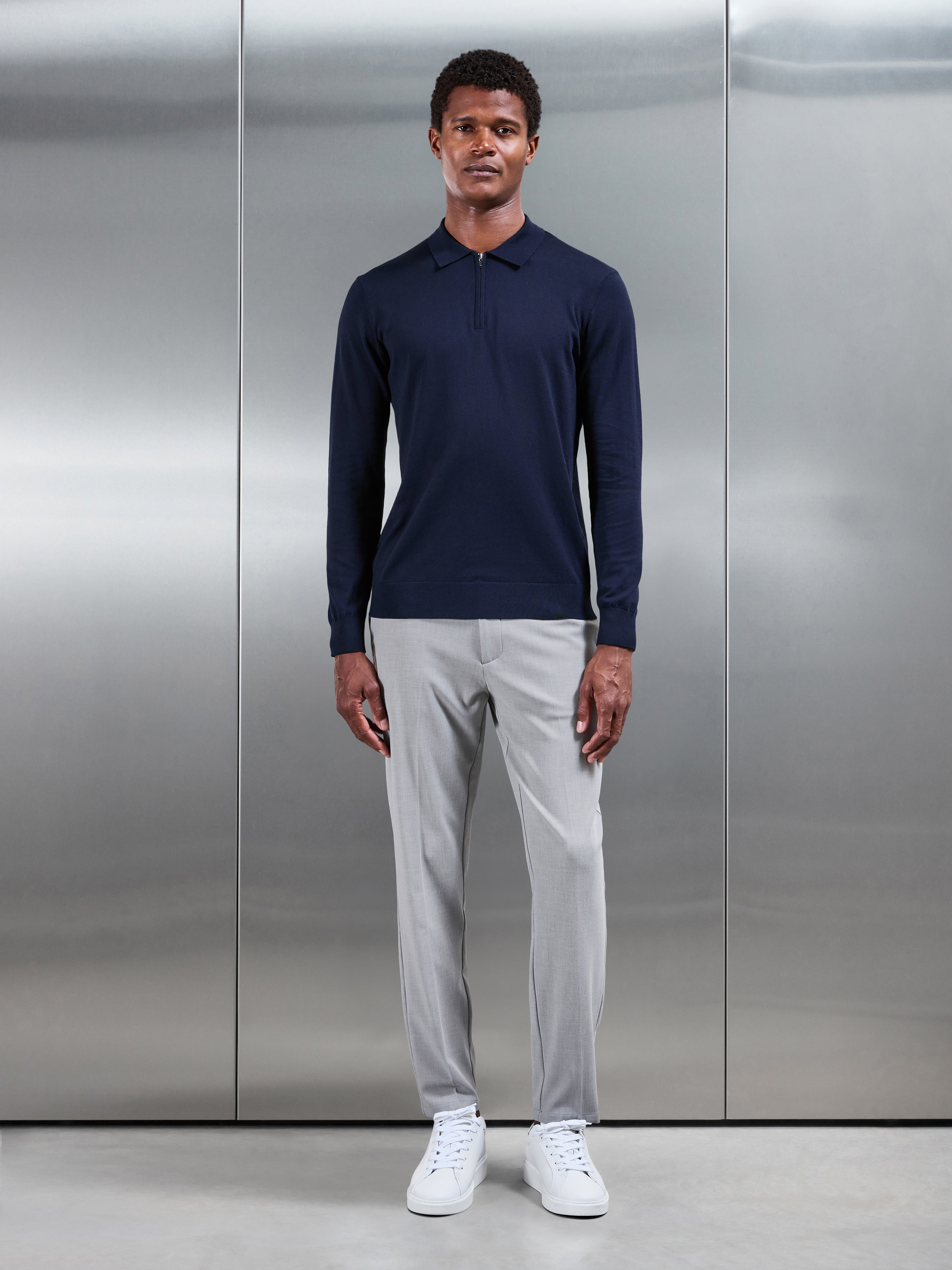 Cotton and Silk Long Sleeve Zip Polo Shirt in Navy