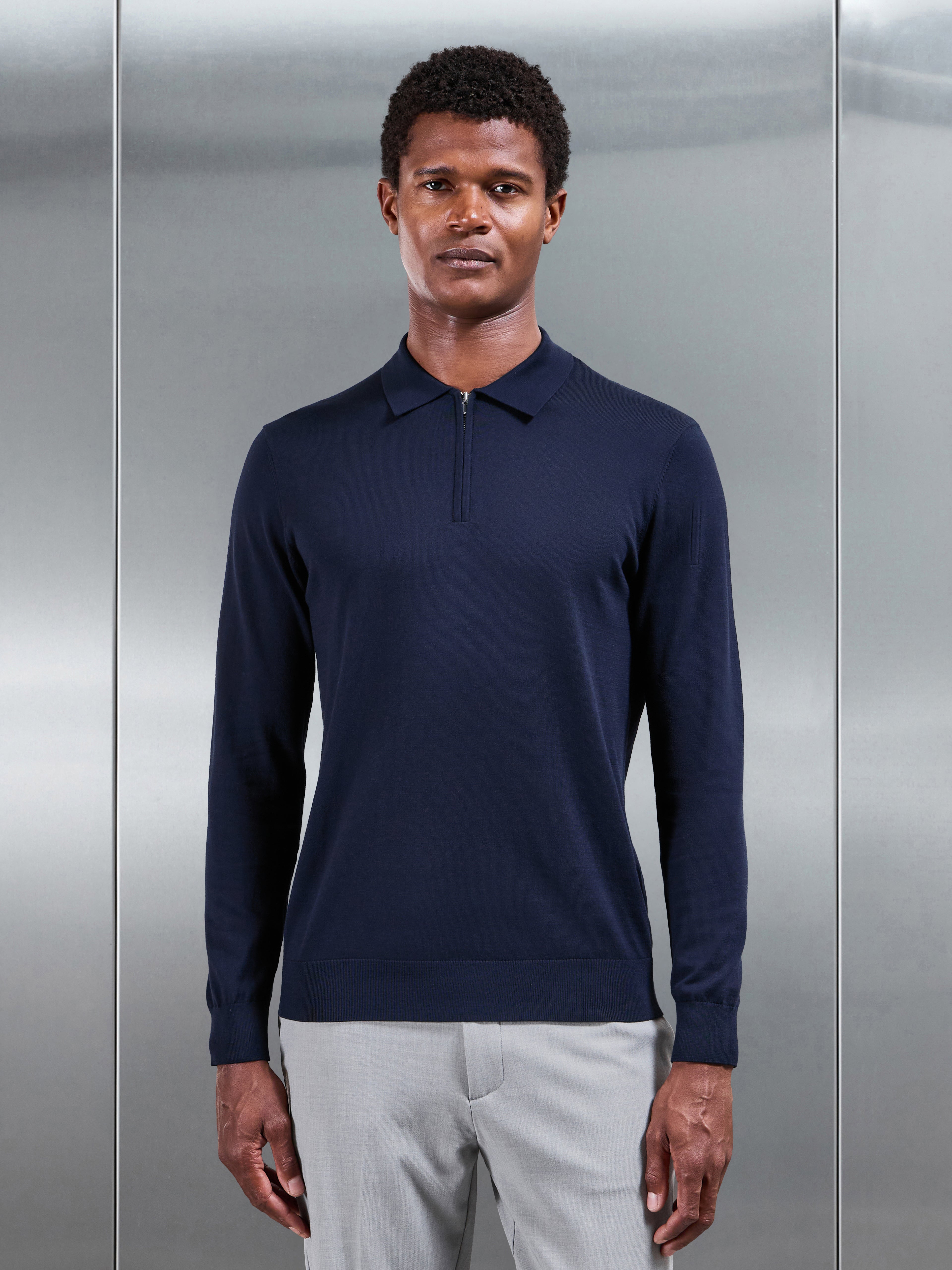 Cotton and Silk Long Sleeve Zip Polo Shirt in Navy