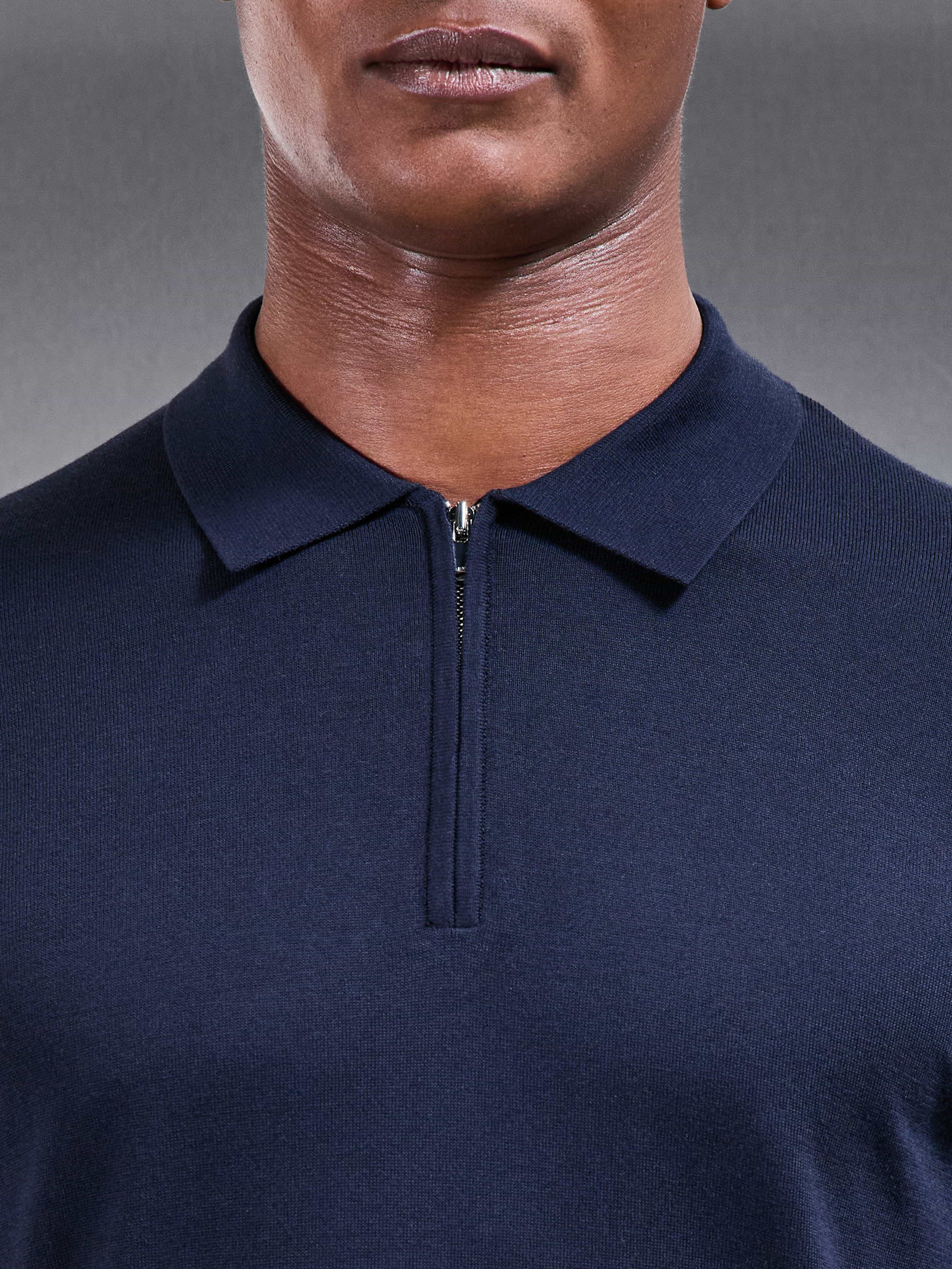 Cotton and Silk Long Sleeve Zip Polo Shirt in Navy