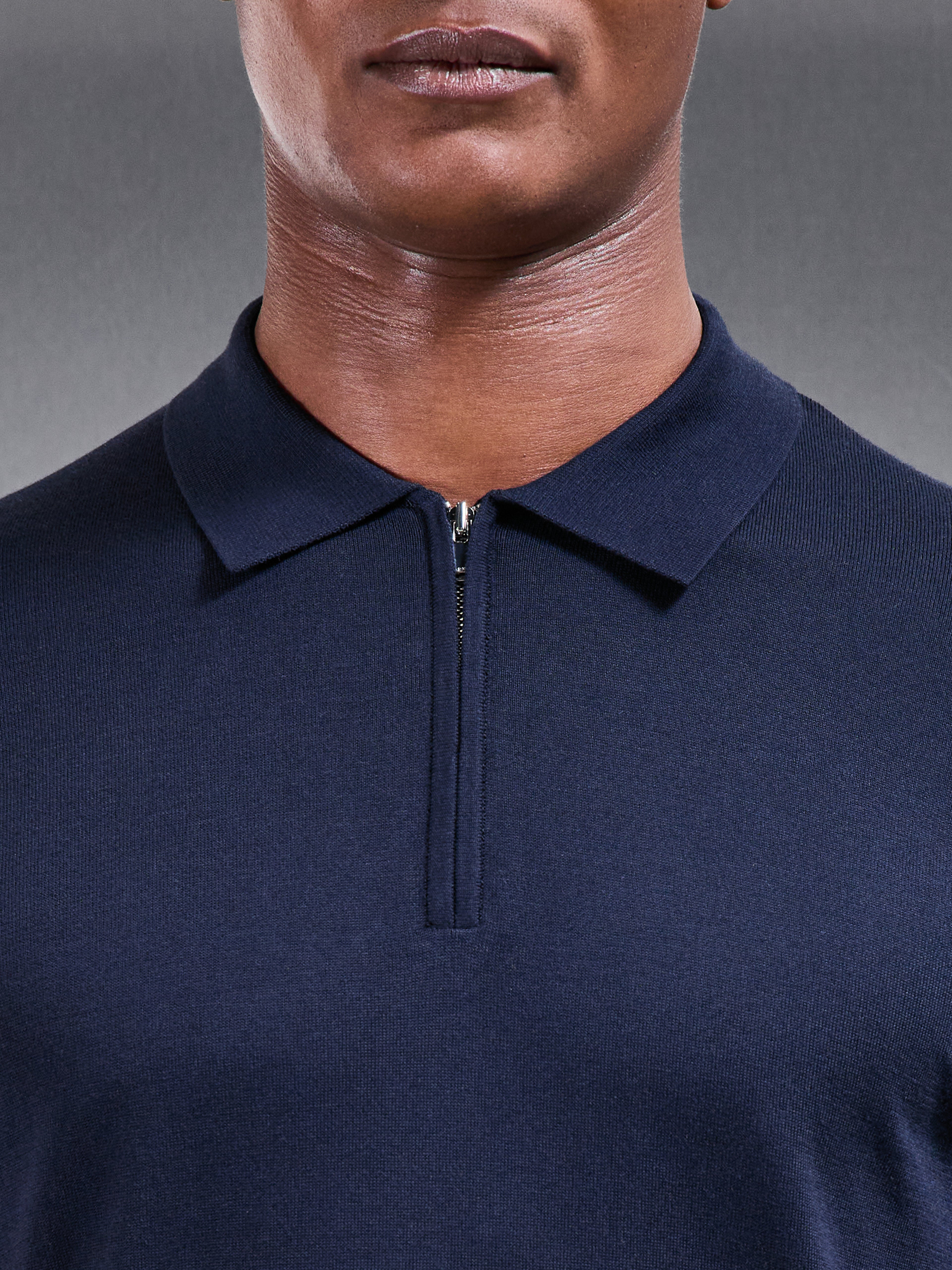 Cotton and Silk Long Sleeve Zip Polo Shirt in Navy