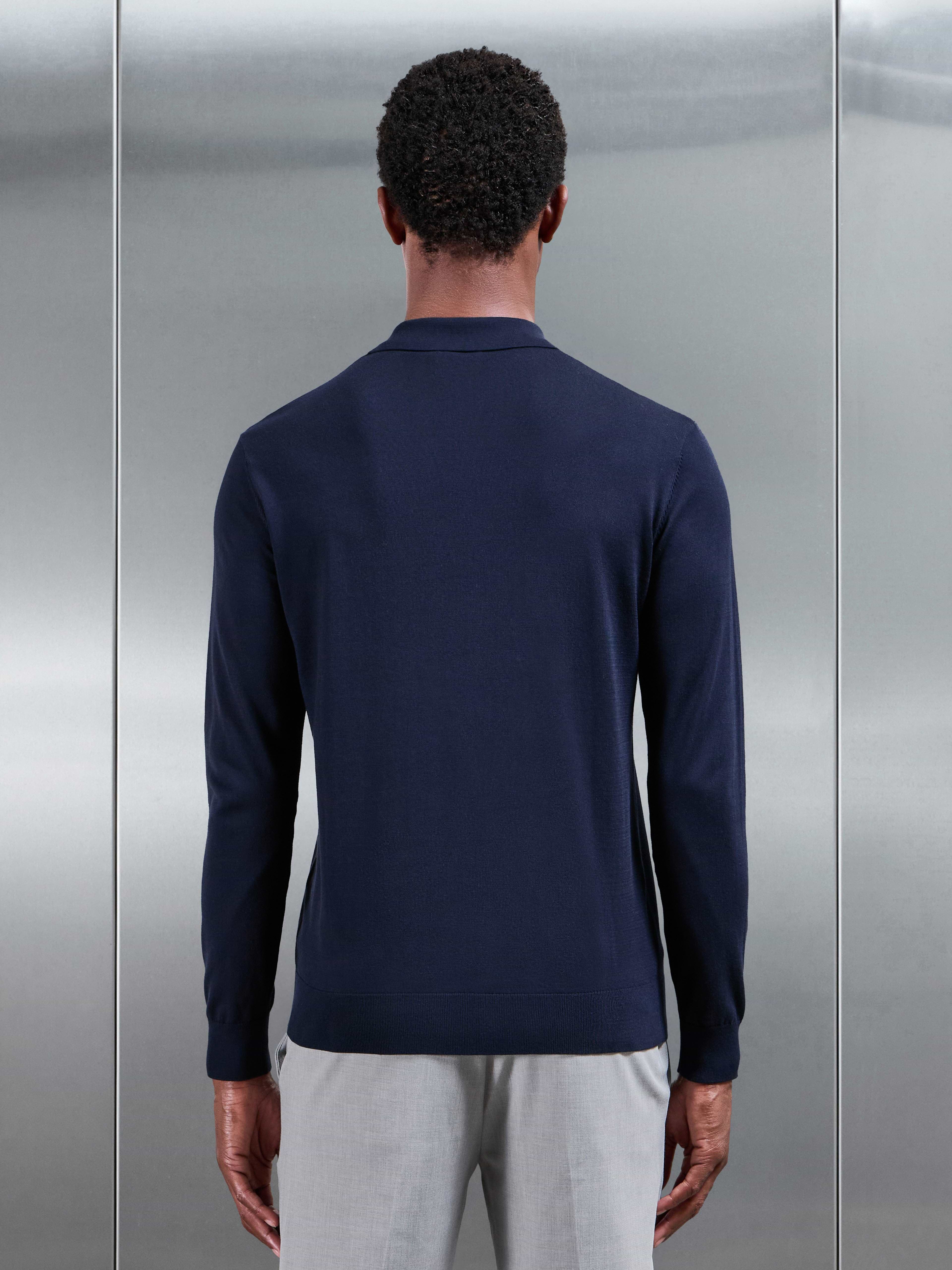 Cotton and Silk Long Sleeve Zip Polo Shirt in Navy