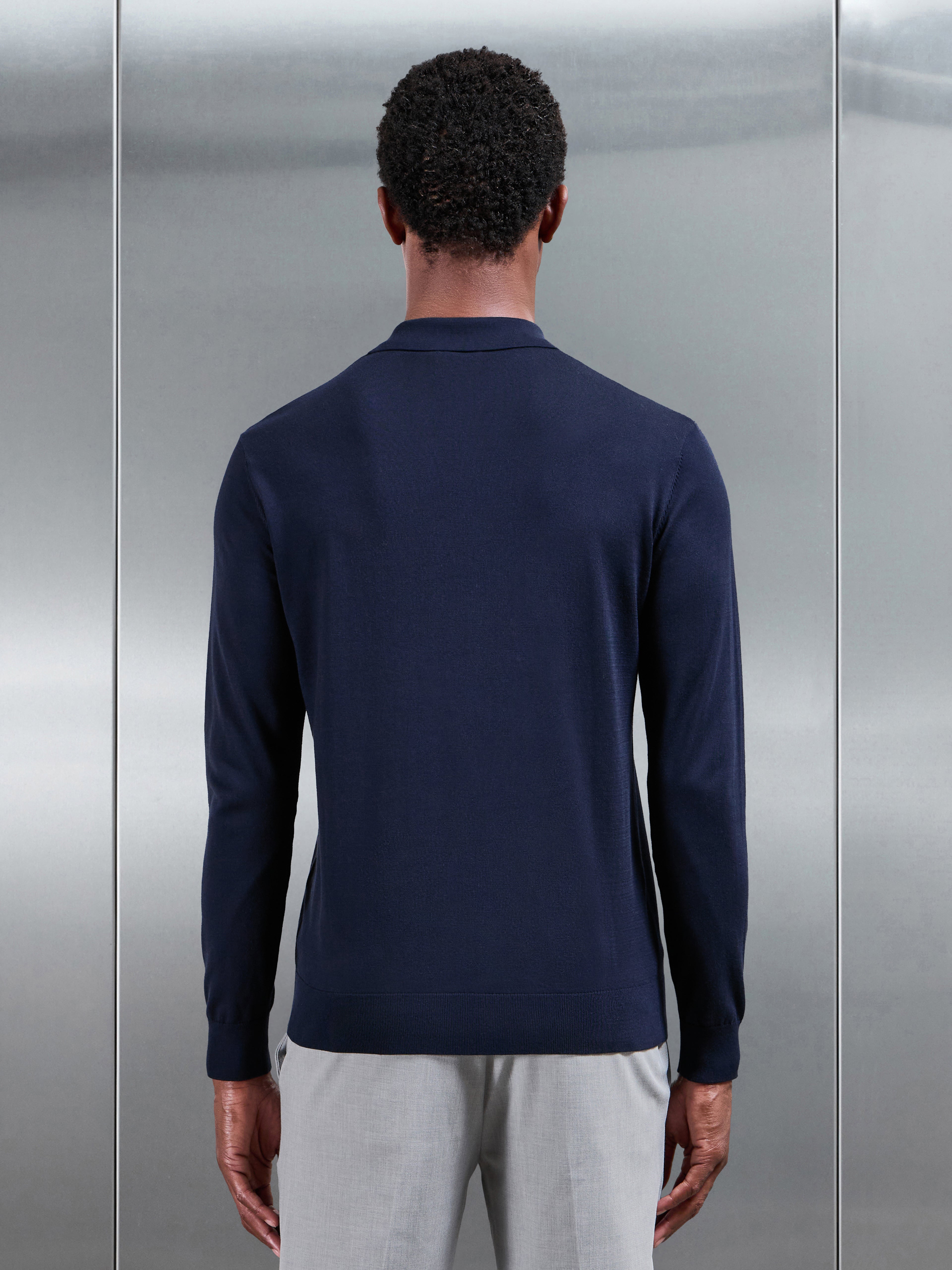Cotton and Silk Long Sleeve Zip Polo Shirt in Navy