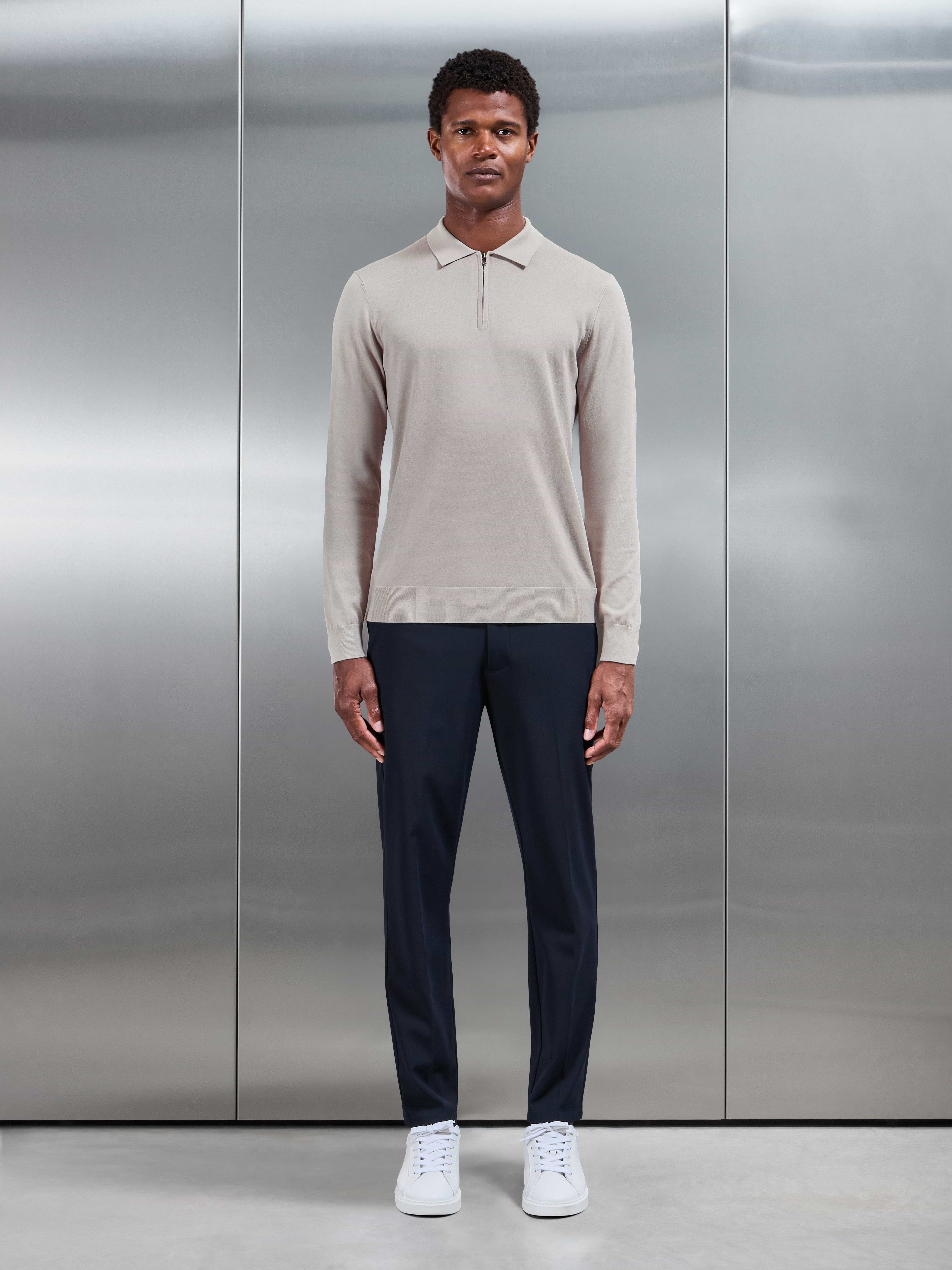 Cotton And Silk Long Sleeve Zip Polo Shirt in Stone