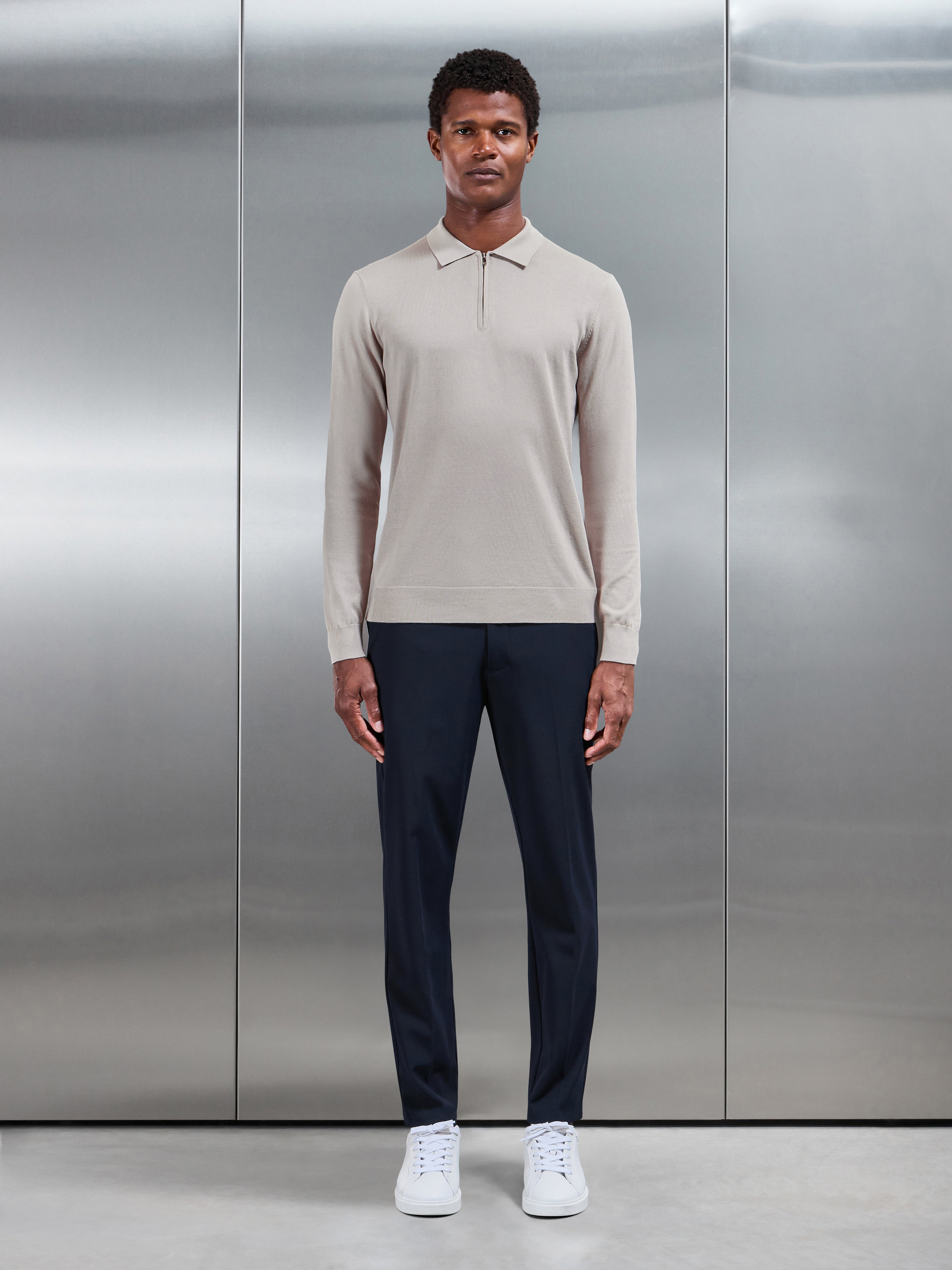Cotton And Silk Long Sleeve Zip Polo Shirt in Stone