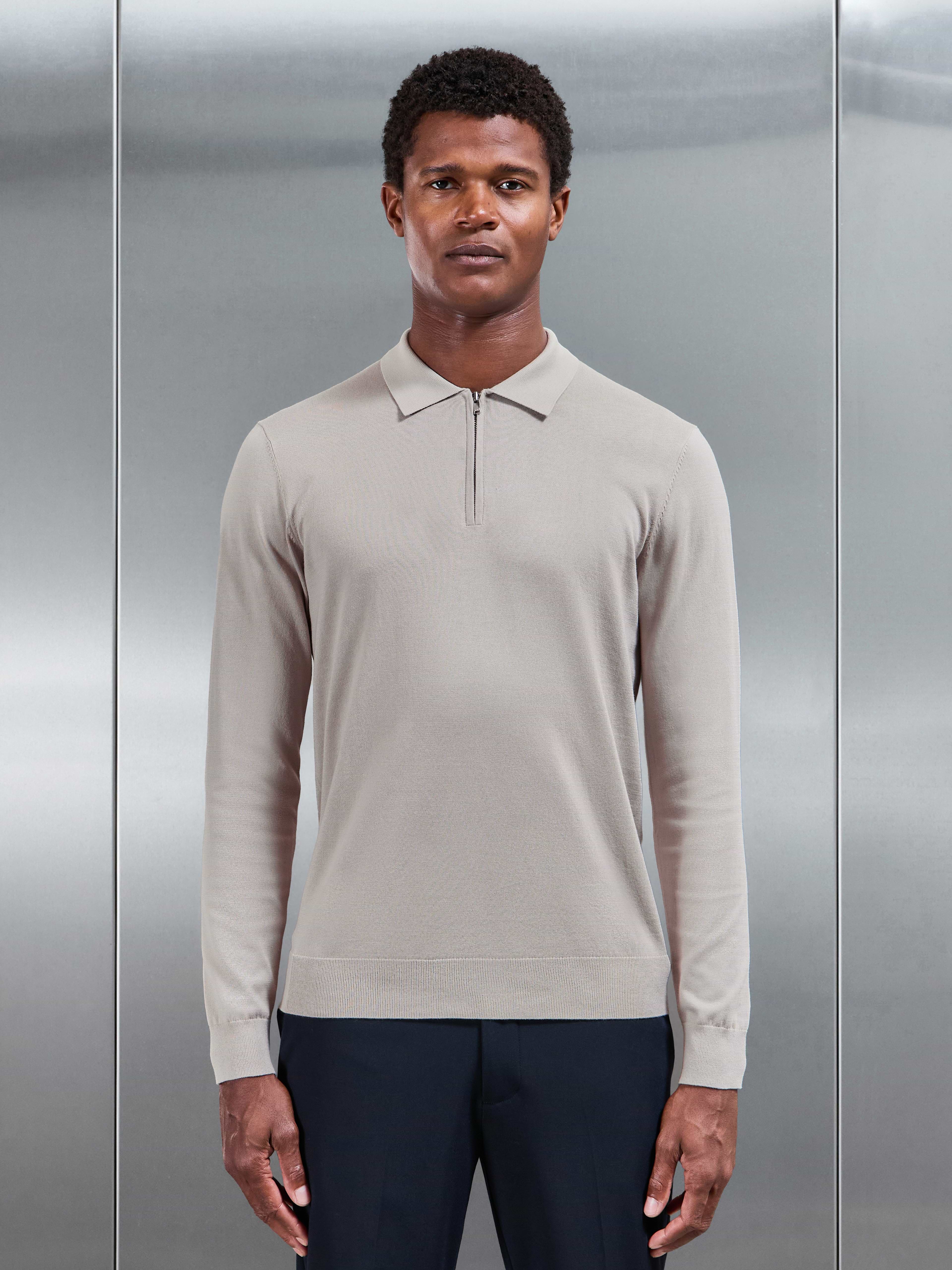 Cotton And Silk Long Sleeve Zip Polo Shirt in Stone
