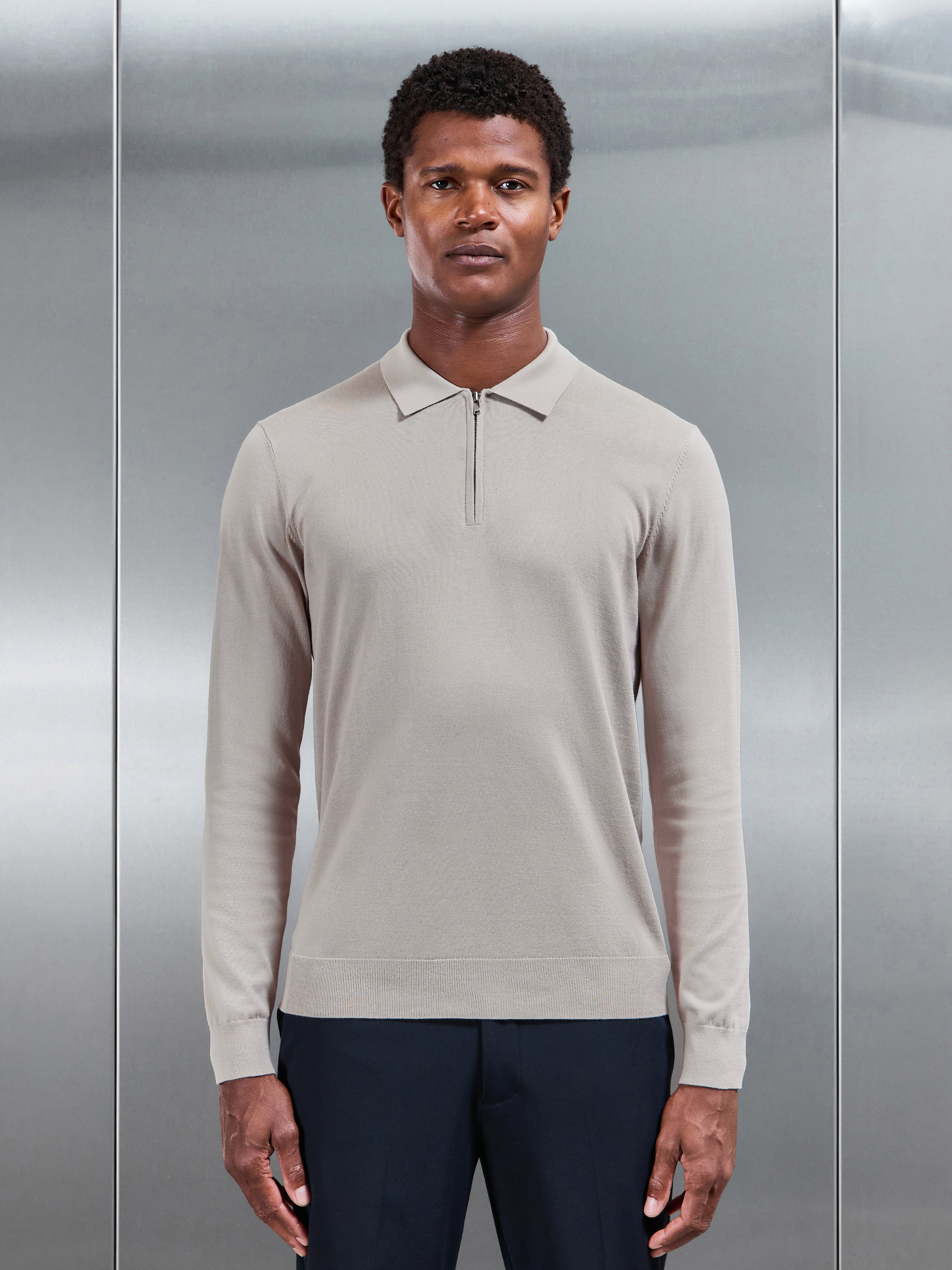Cotton And Silk Long Sleeve Zip Polo Shirt in Stone