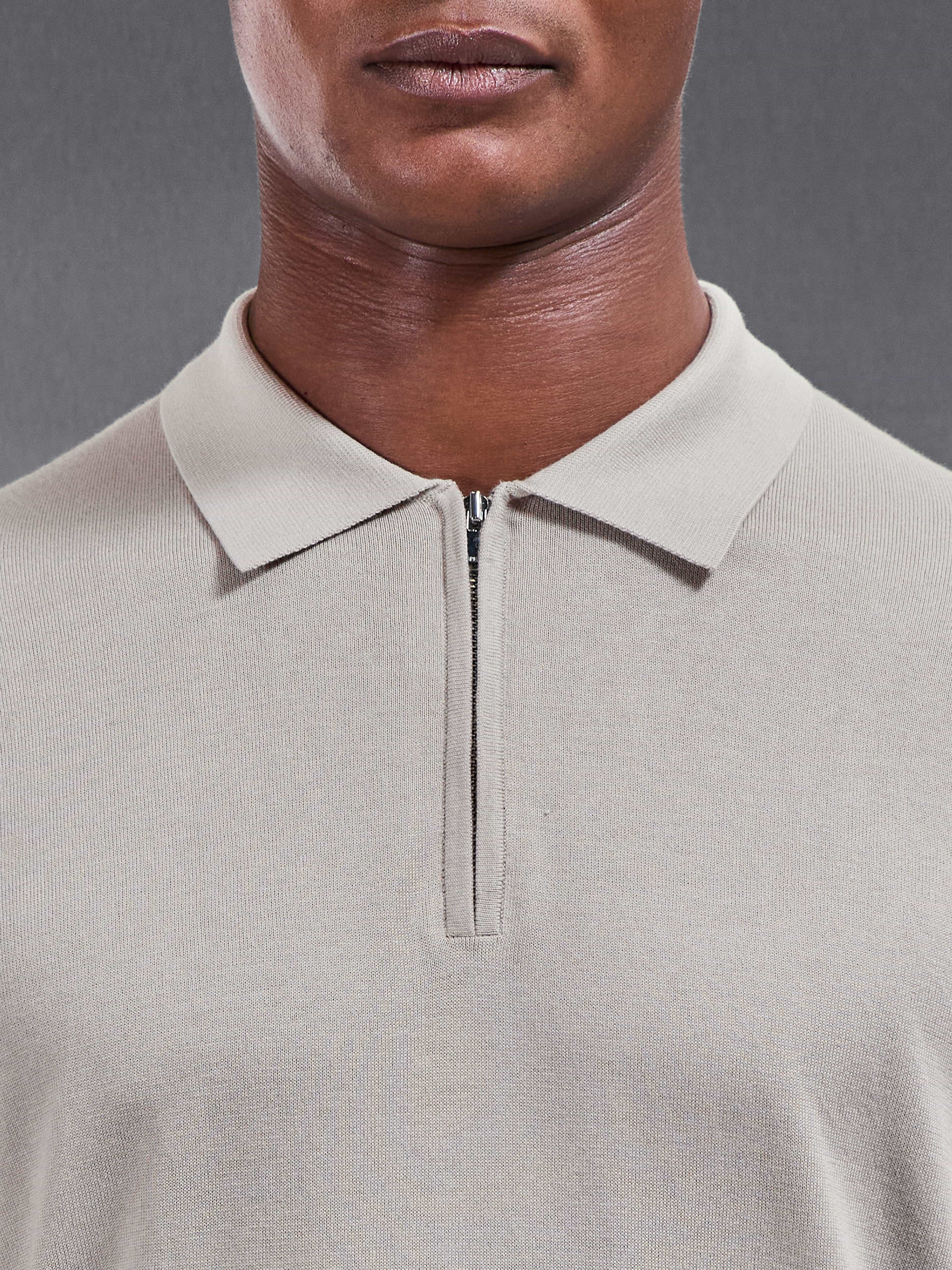 Cotton And Silk Long Sleeve Zip Polo Shirt in Stone