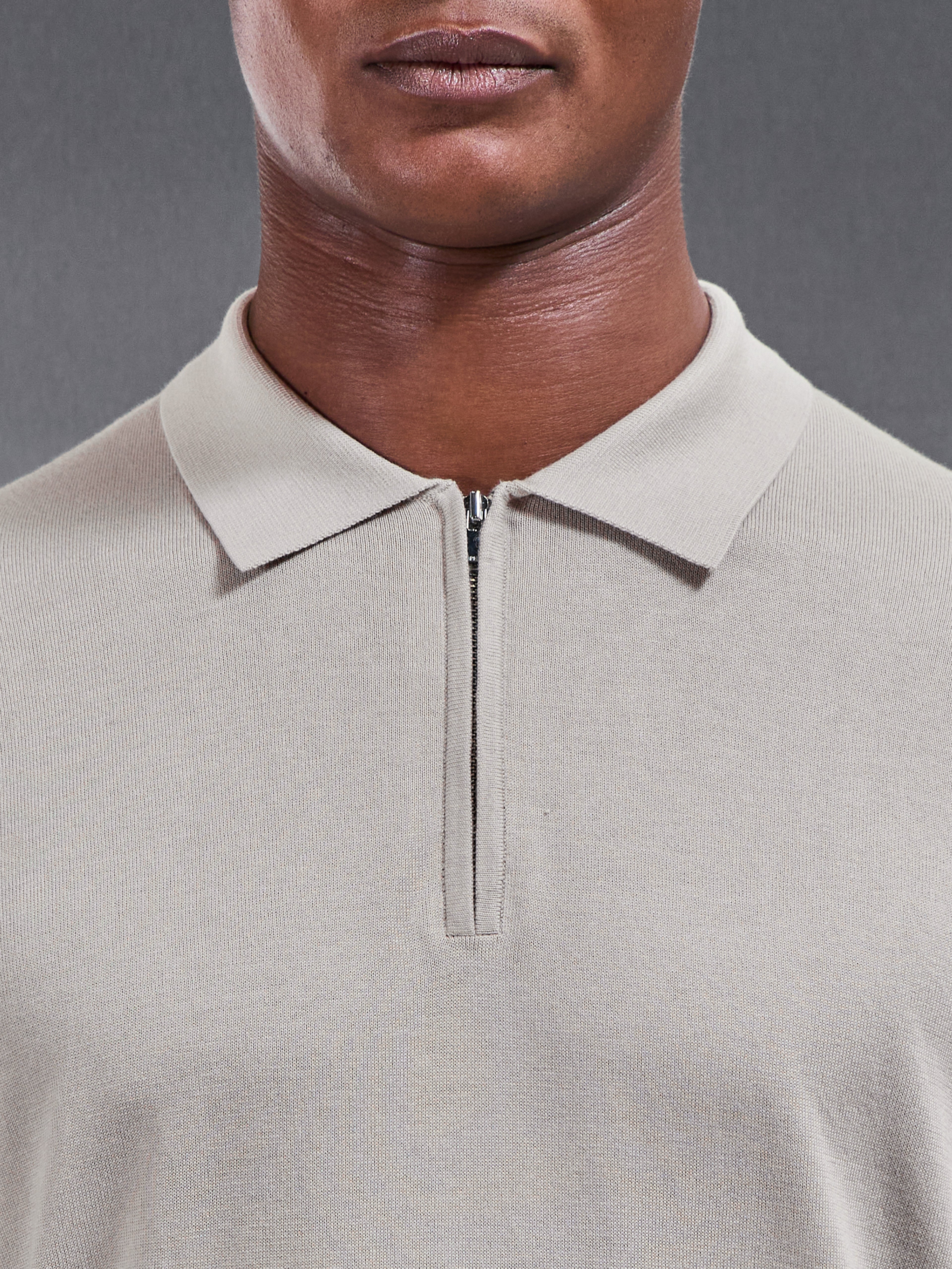 Cotton And Silk Long Sleeve Zip Polo Shirt in Stone
